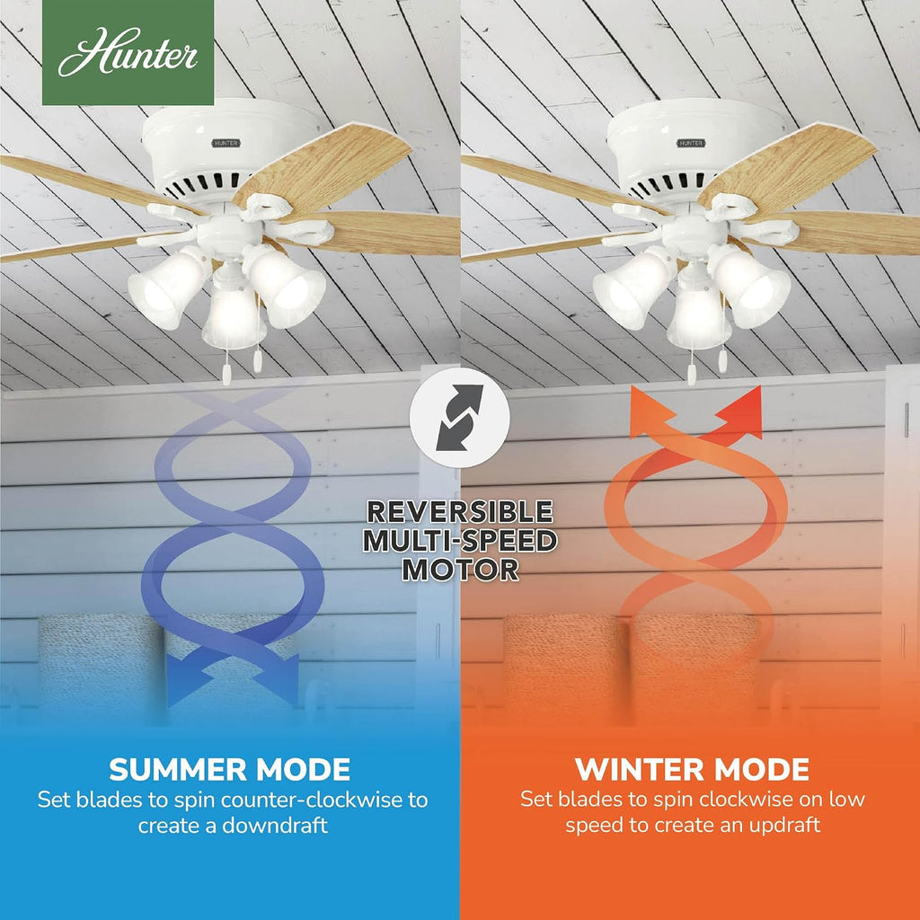 Hunter 42 inch Indoor Ceiling Fan with LED Lights - White Ceiling Fan with Pull Chain, For Bedroom, Living Room, or Kitchen, Low Profile Flush Mount, No Remote, 5 Blades - Builder 51090, Snow White