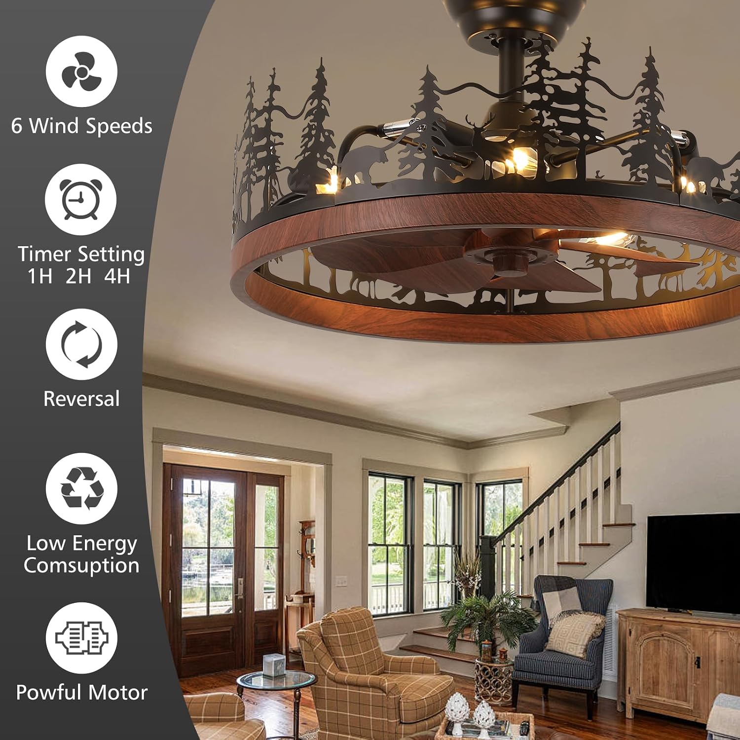 Farmhouse Rustic Ceiling Fan with Light and Remote, 21 Inch Flush Mount Vintage Bladeless Rustic Chandeliers Fan, Rustic Ceiling Fan for Living Room, Bedroom, Hallway, Entryway Lighting