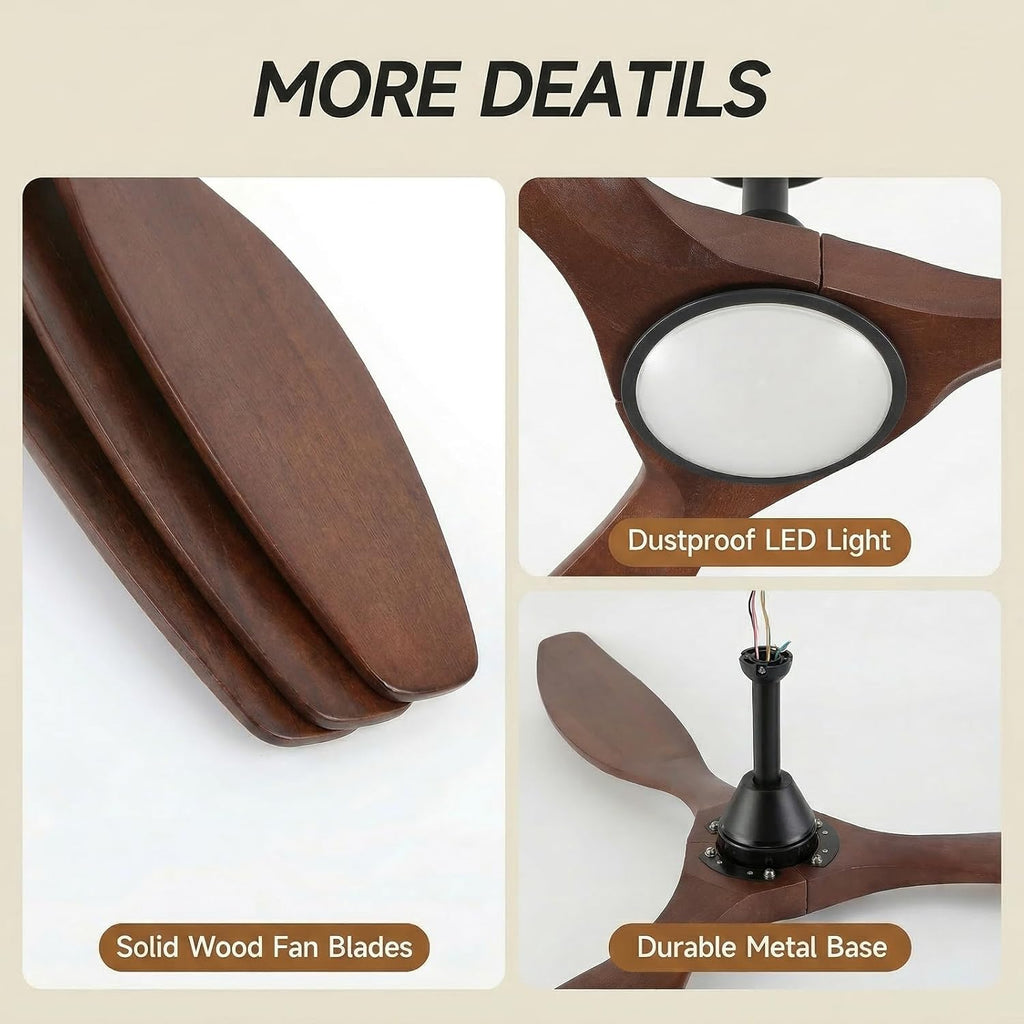Skylike 52' Wood Outdoor Ceiling Fan with Lights, Propeller Farmhouse Ceiling Fan and Remote Control, 3 Blade Dark Walnut Ceiling Fan for Patio,Porch, Gazebo, Bedroom