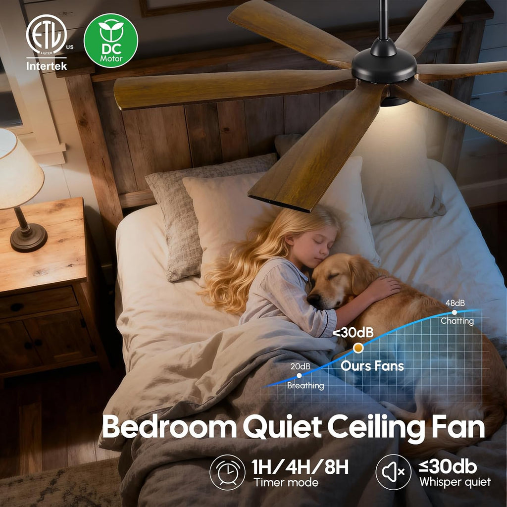 72 Inch Outdoor Ceiling Fan with Light for Patio, Smart Alexa/APP/Remote Control, 6 Brown Wood Blades Damp Rated, Large Airflow Quiet Reversible DC Motor, for Indoor Covered Exterior Farmhouse Bedroom