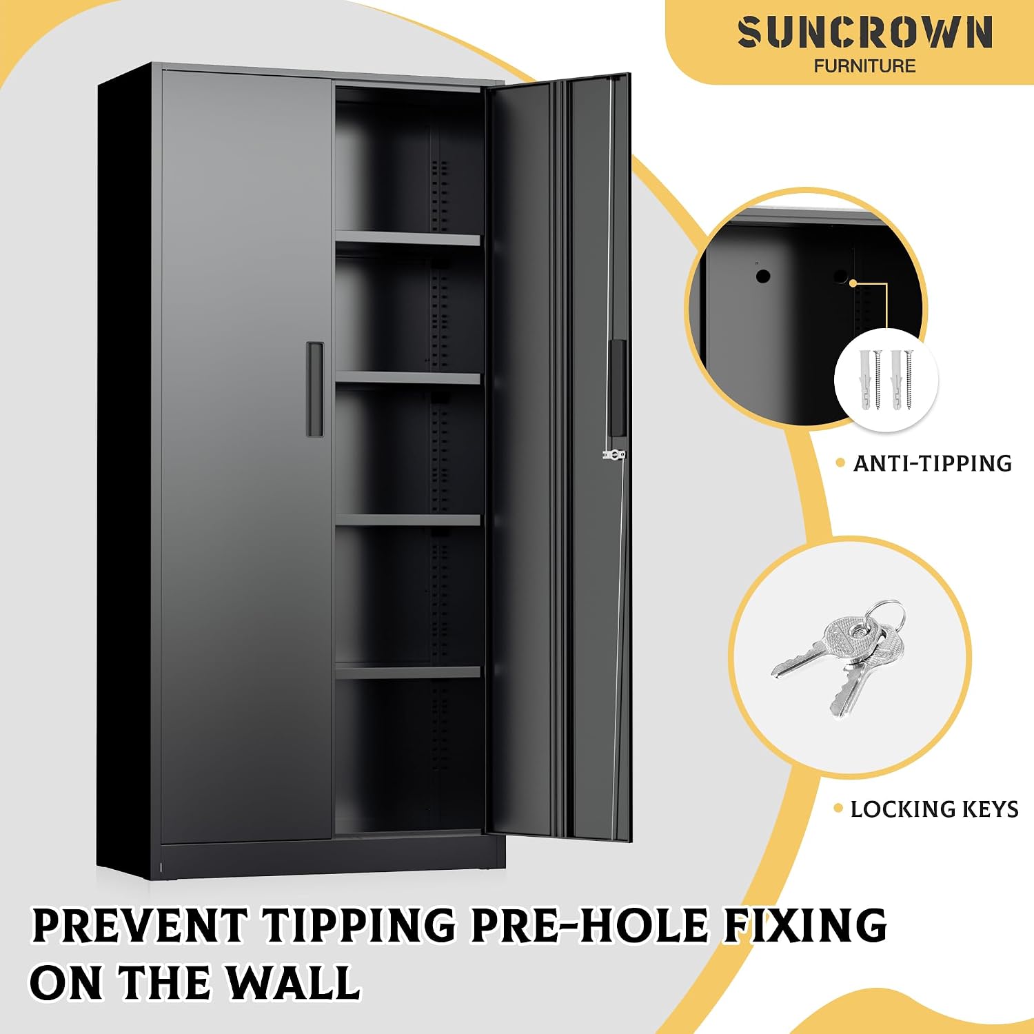 SUNCROWN Metal Storage Cabinets with Lock, Tool Cabinet, 72' Locking Steel Storage, Tall Locker Organizer Garage Cabinets with 2 Doors and 4 Shelves for Home,Office,Warehouse,Garage,School(Black)