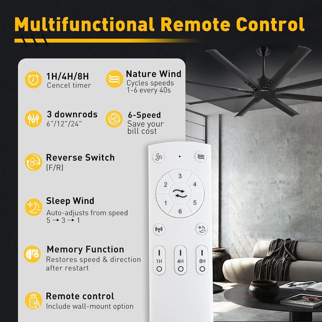 Minislak 72 Inch Ceiling Fan No Light with Remote,8 Aluminum Blades,Industrial DC Motor Quiet Operation,6 Speeds,Large Indoor Outdoor Ceiling Fan for Garage,Patio,Living Room(Black)