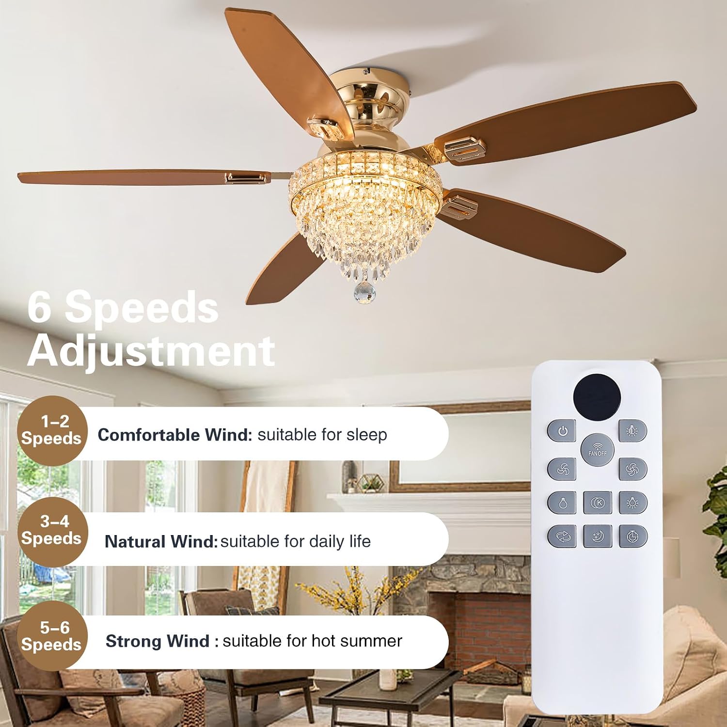 Crystal Ceiling Fan Fandelier with Lights-Ceiling Fans with Lights,54' Low Profile and Remote Control, Flush Mount, Reversible, Dimmable, Noiseless,Gold Ceiling Fan for Bedroom