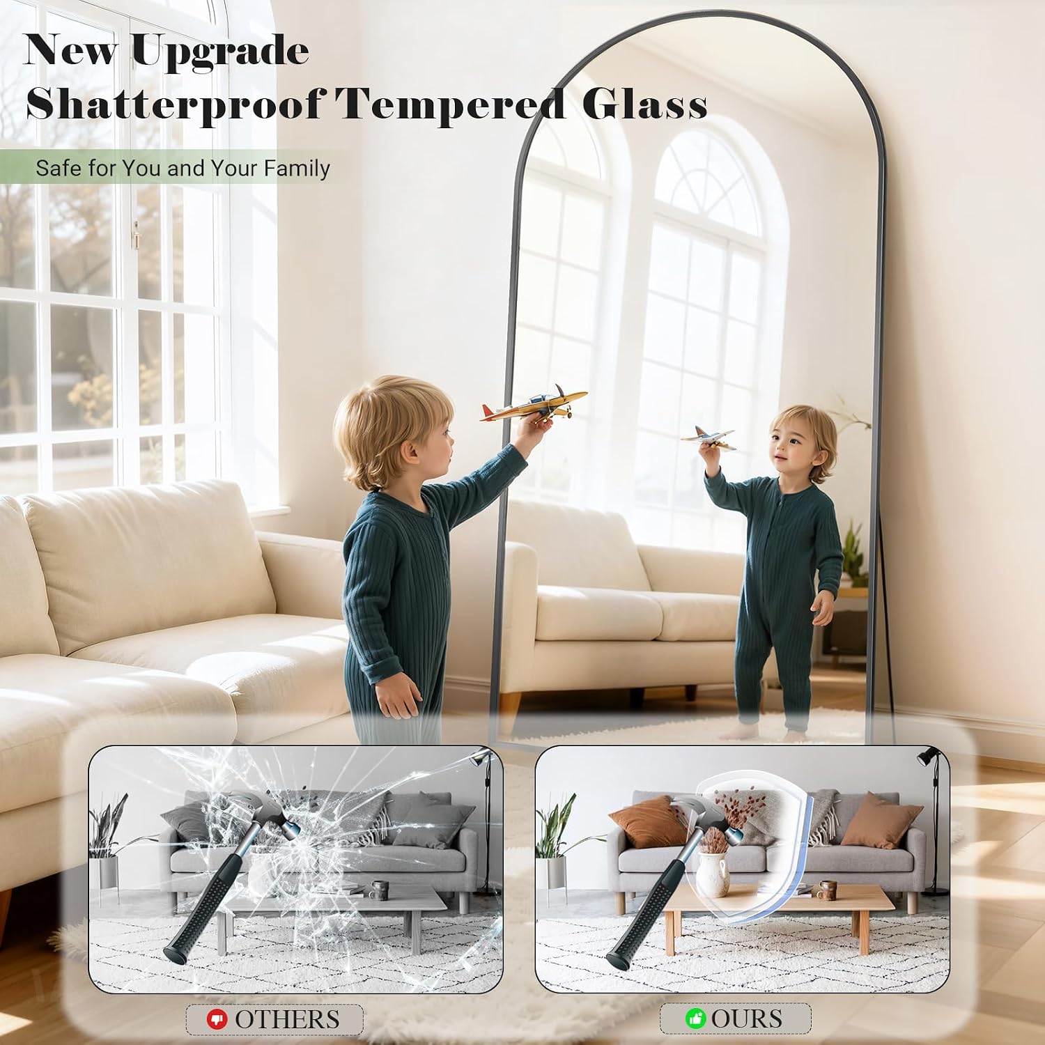 Full Body Mirror 26x71 inch Arched Full Length Mirror with Stand Aluminum Wall Mounted Hanging or Leaning Standing Mirrors, Black