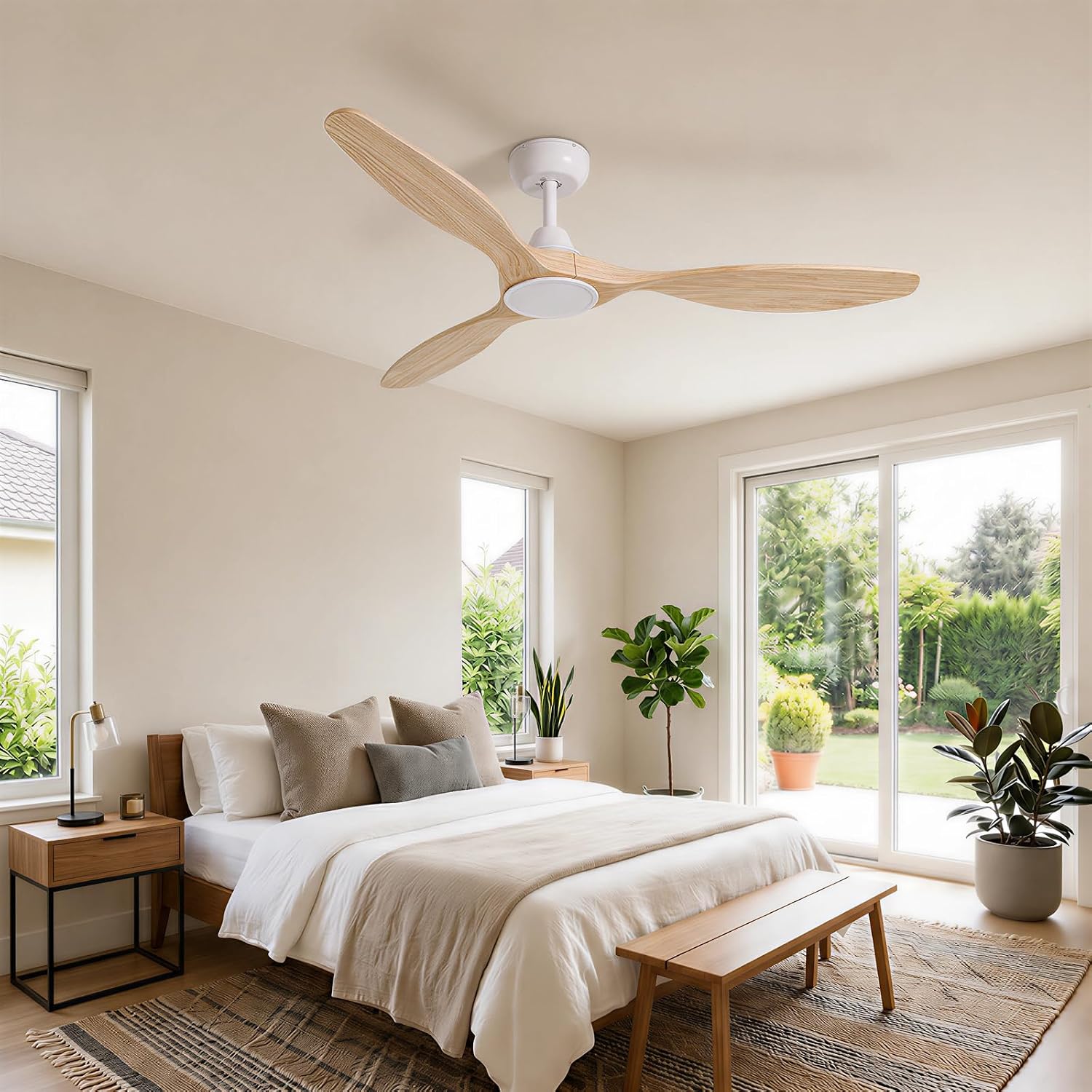 Skylike 52' Wood Outdoor Ceiling Fan with Lights, Propeller Farmhouse Ceiling Fan and Remote Control, 3 Blade Light Wood Ceiling Fan for Patio,Porch, Gazebo, Bedroom