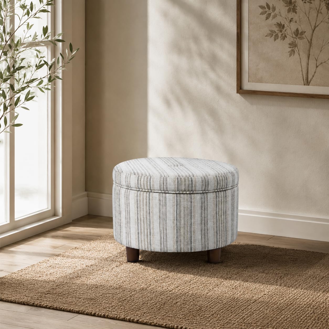 HomePop 24' Large Round Storage Ottoman - Gray Striped Pattern