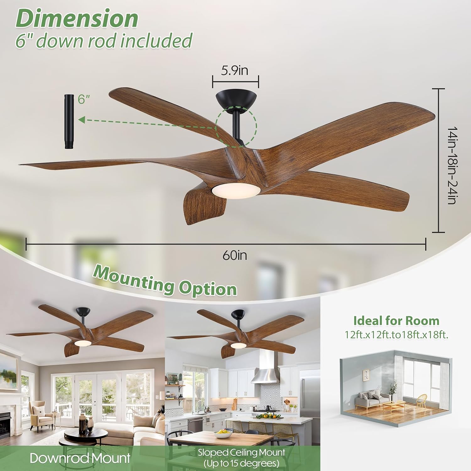 60 Inch Ceiling Fans with Lights and Remote,Flush Mount Low Profile, DC Reversible Motor,6 Speeds Noiseless Ceiling fans For Bedroom,Patio,Farmhouse,Indoor & Outdoor Use,ETL Certification