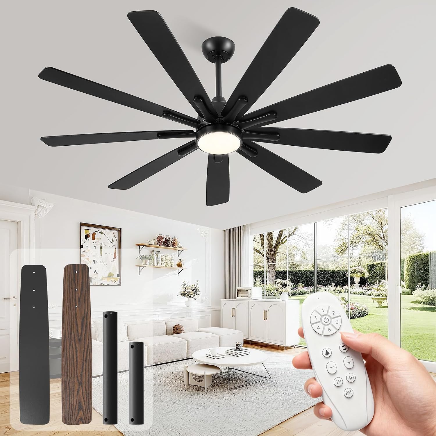 62 Inch Ceiling Fan with Light，Indoor/Outdoor Black Large Ceiling Fans with Lights and Remote for Kitchen Living Room Patio, 9 Blade Reversible Quiet DC Motor,6 Speeds,3 CCT(Dual Finish )