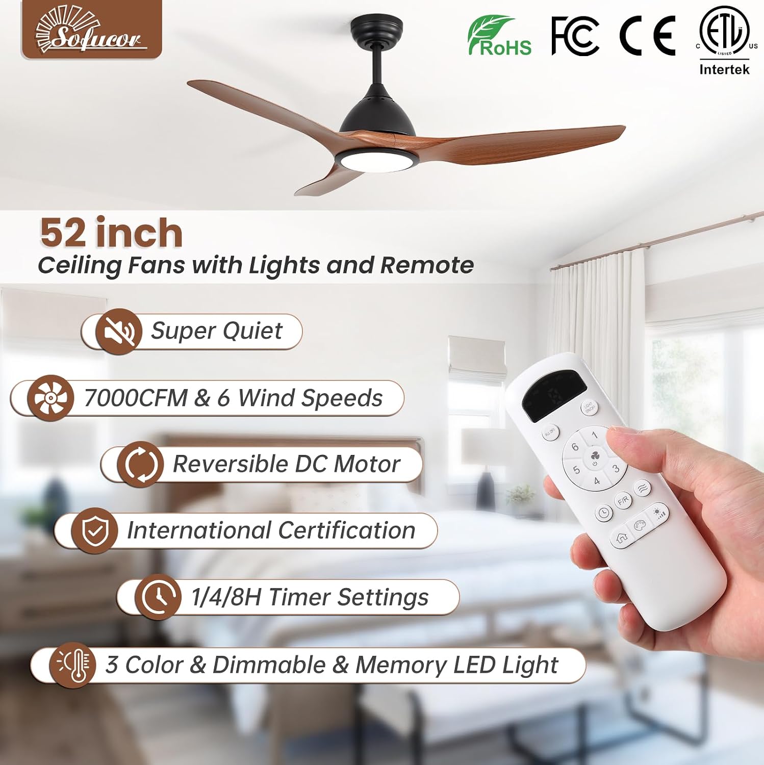 Sofucor 52 Inch Outdoor Ceiling Fans with Lights, Modern Ceiling Fan with 3 Plastic Blade, Quiet, Dimmable, High 7000CFM 6-Speed 3-Timer Reversible DC Motor, for Bedroom Living Room, ETL, Brown