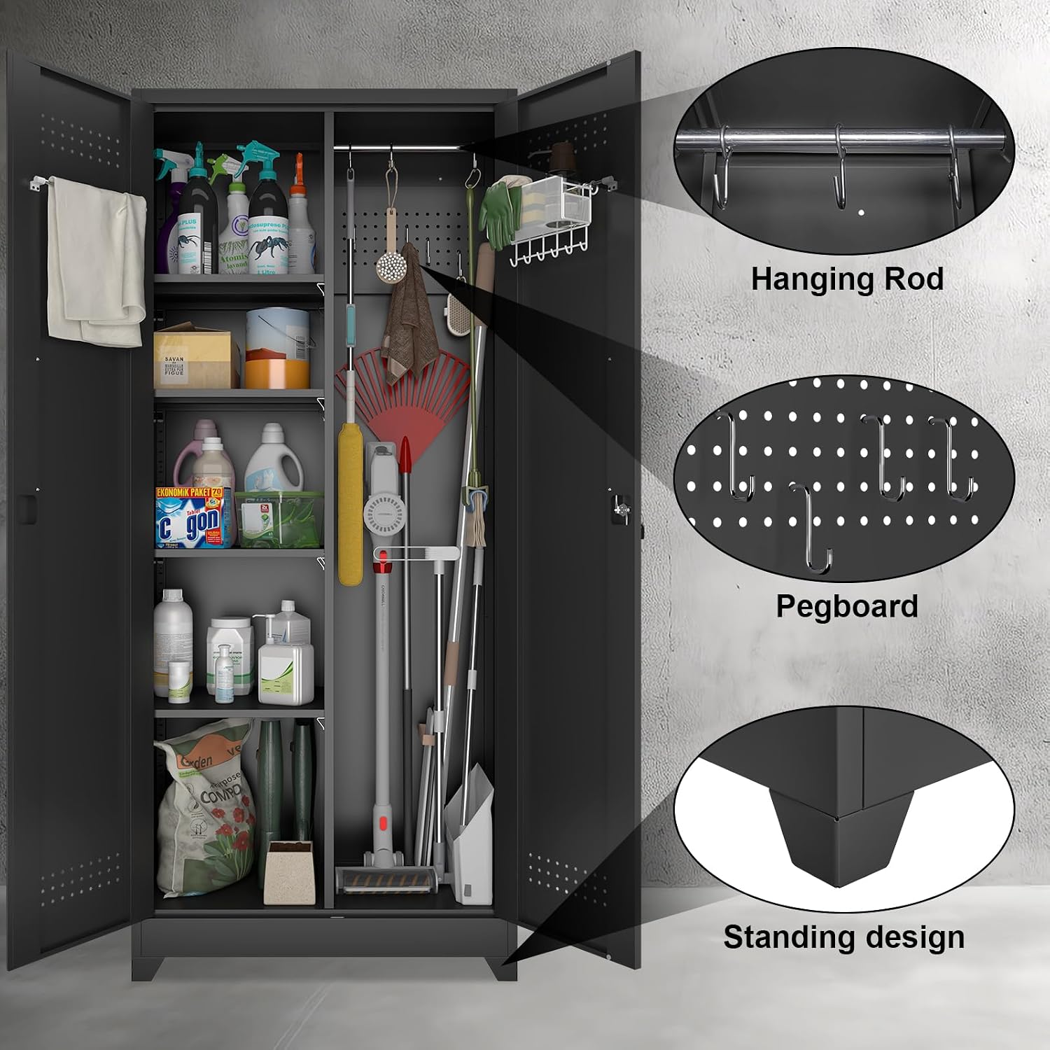 Metal Locking Cabinet, 72.8' Tall Storage Cabinet for Broom, Garage Storage Cabinet with Doors and Shelves, Heavy Duty Tool Cabinet for Home Office, School, Basement,Gym