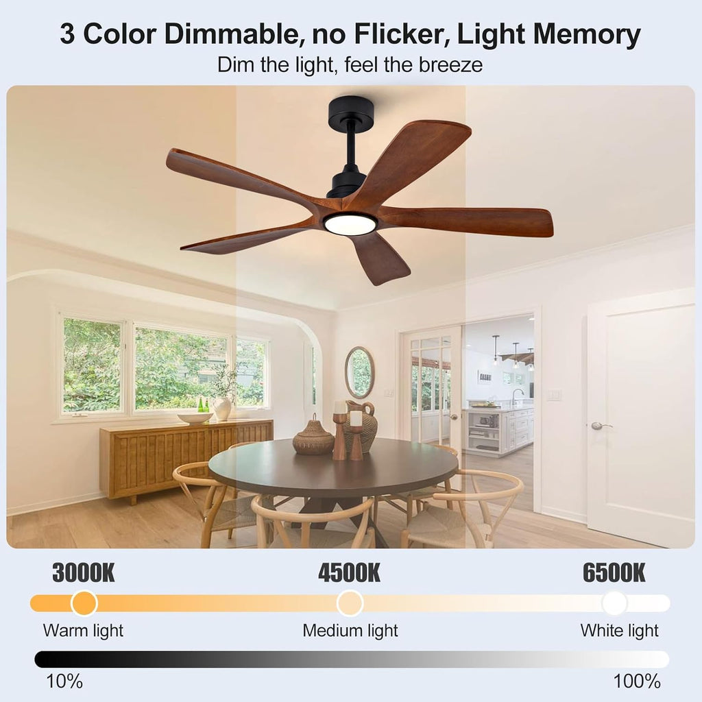 52 Inch Modern Ceiling Fans with Lights and Remote, 5 Blade Wood Ceiling Fan with Light, Wall Switch, Dimmable, Memory Function, Quiet DC Motor, Indoor Outdoor Ceiling Fan for Patio Living Room
