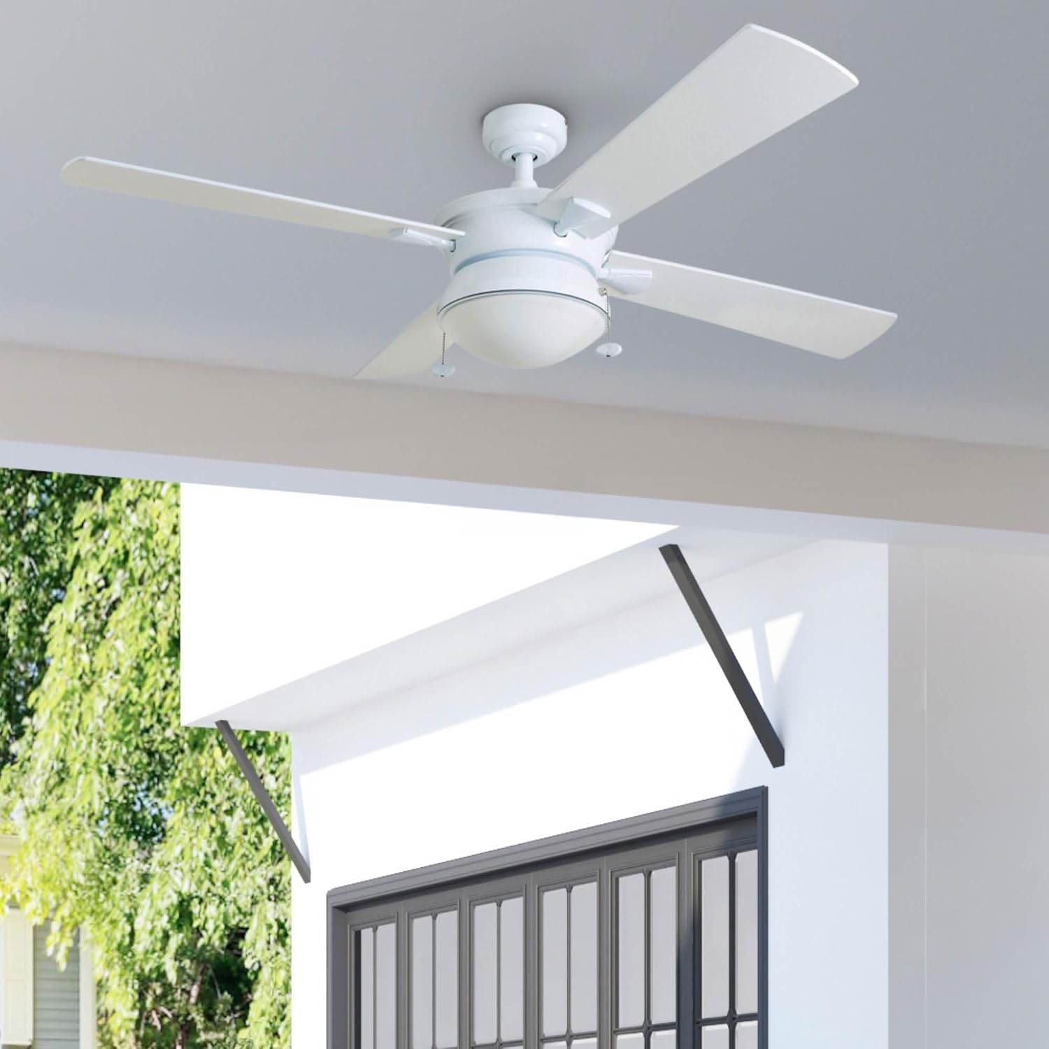Prominence Home Auletta, 52 Inch Contemporary Indoor Outdoor Ceiling Fan with Light, Pull Chain, Dual Mounting Options, Dual Finish Blades, Reversible Motor - 50344-01 (White)