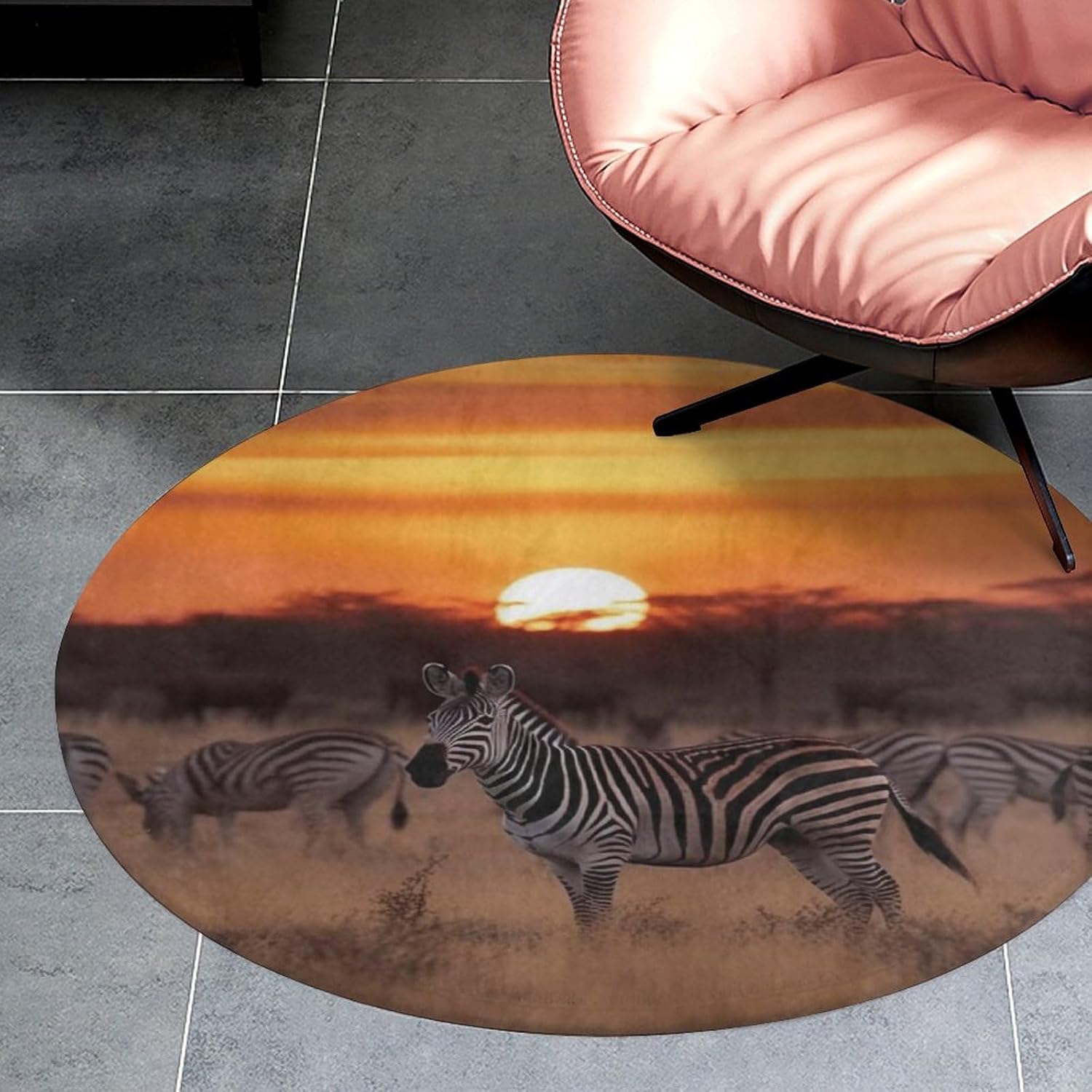 Africa Sunset Zebra Coral Velvet Round Floor Mat Non-Slip Bath Rug Floor Covering for Bathroom Vanity Guest Suite & Vacation Home