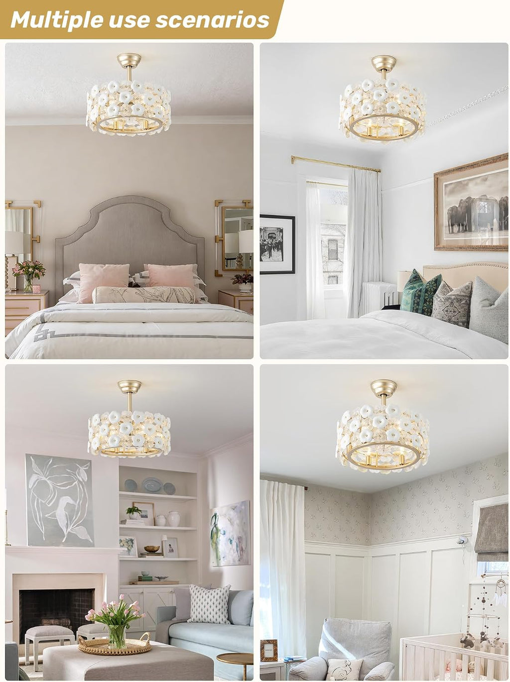 20' Gold Flower Crystal Fandelier Ceiling Fan with Light, Gold Crystal Chandelier Ceiling Fans Remote Control, Caged 6 Speeds for Bedroom, Living Room, Nursery