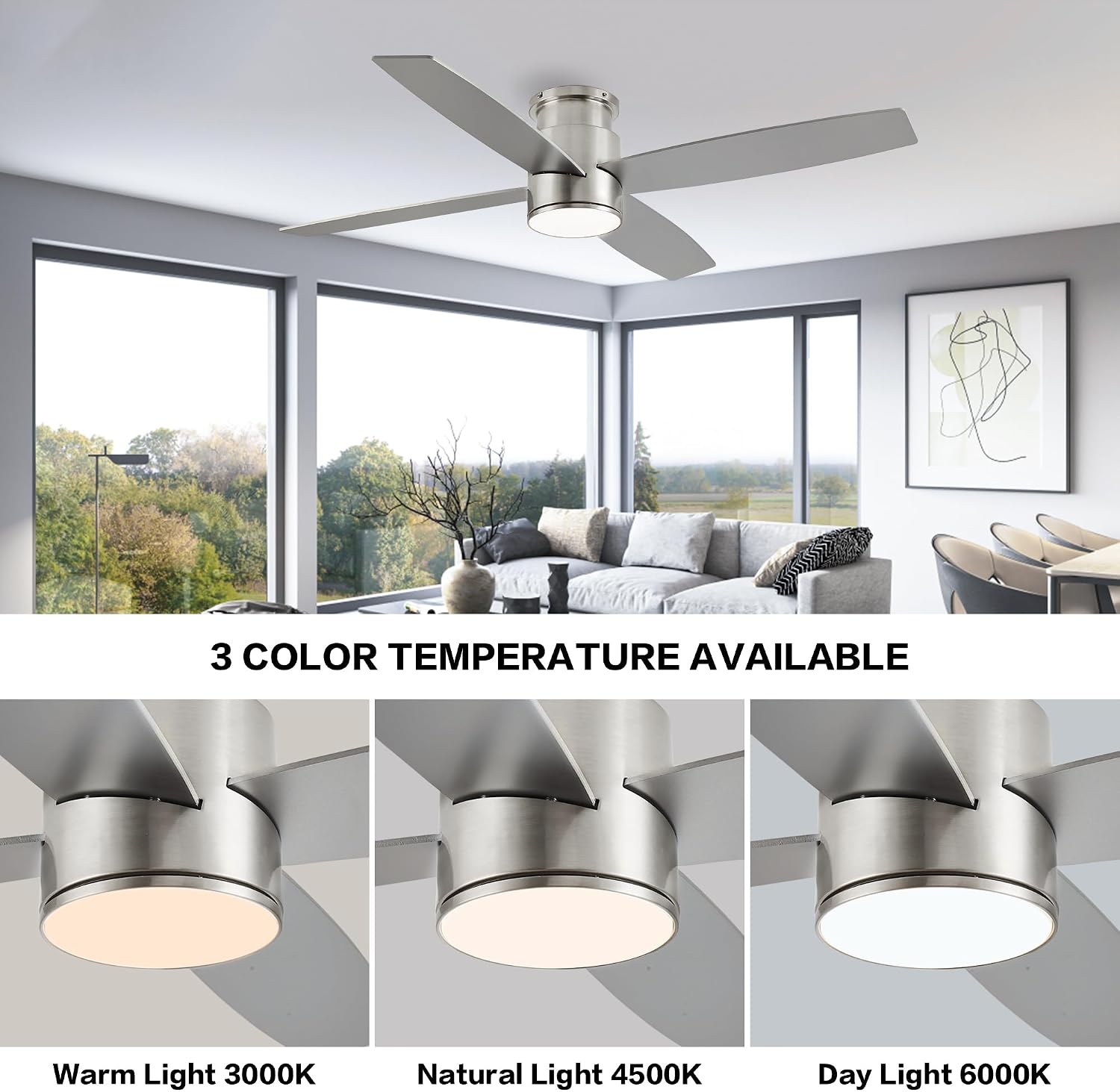 WINGBO 44 Inch Flush Mount DC Ceiling Fan with Lights and Remote, 4 Reversible Blades, Ultra Quiet 6-Speed DC Motor, Hugger Low Profile Indoor Ceiling Fan, Brushed Nickel Finish