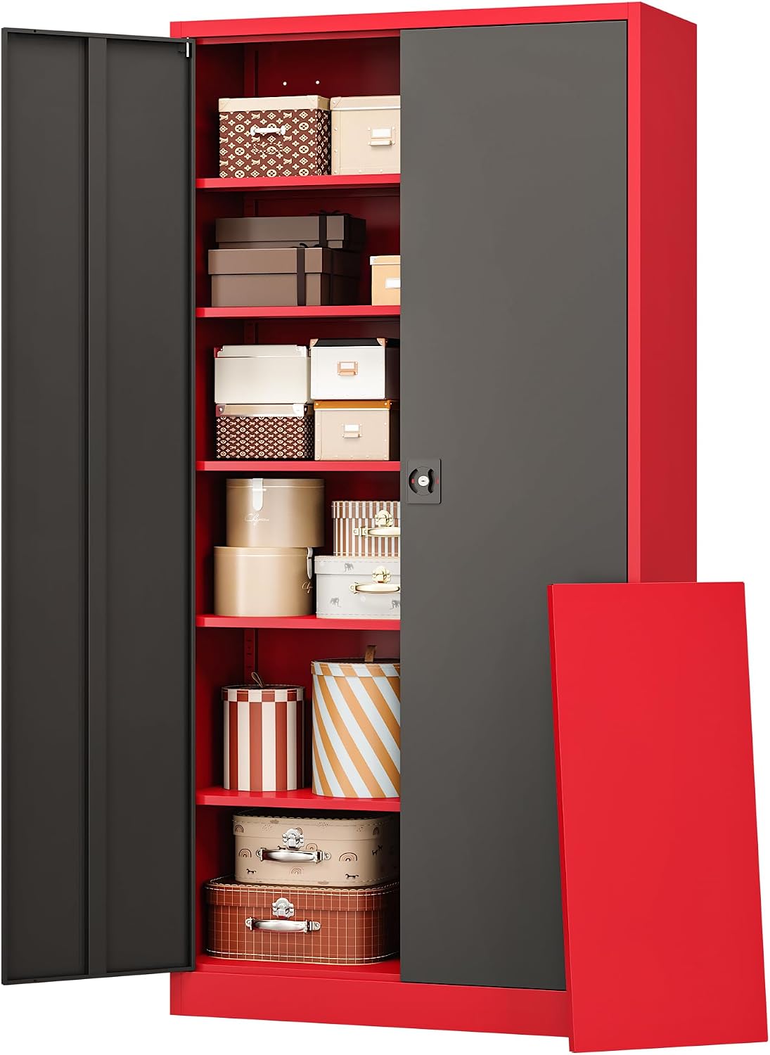 RAVIGIN Metal Garage Storage Cabinet with Lock, 72' Locking Tool Cabinet with 2 Doors and 5 Adjustable Shelves, Tall Steel Cabinet Garage for Home,Office,Warehouse，School (Red Black)