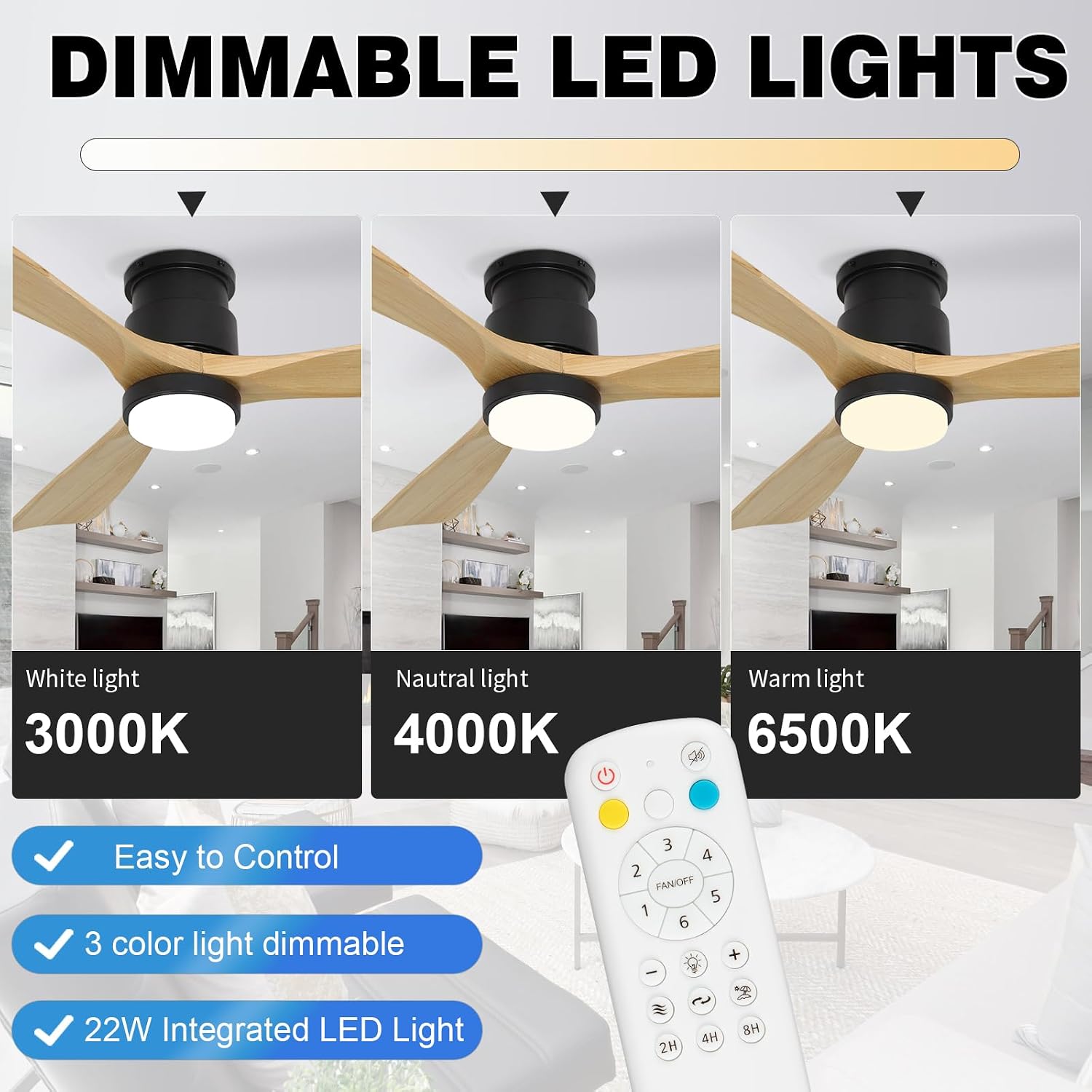 Flush Mount Ceiling Fan with Light Remote, 52inch Natural Wood Ceiling Fans, 6 Speeds Reversible DC Motor 3CCT LED Lighting, Indoor Outdoor Fan Farmhouse Bedroom Living Room