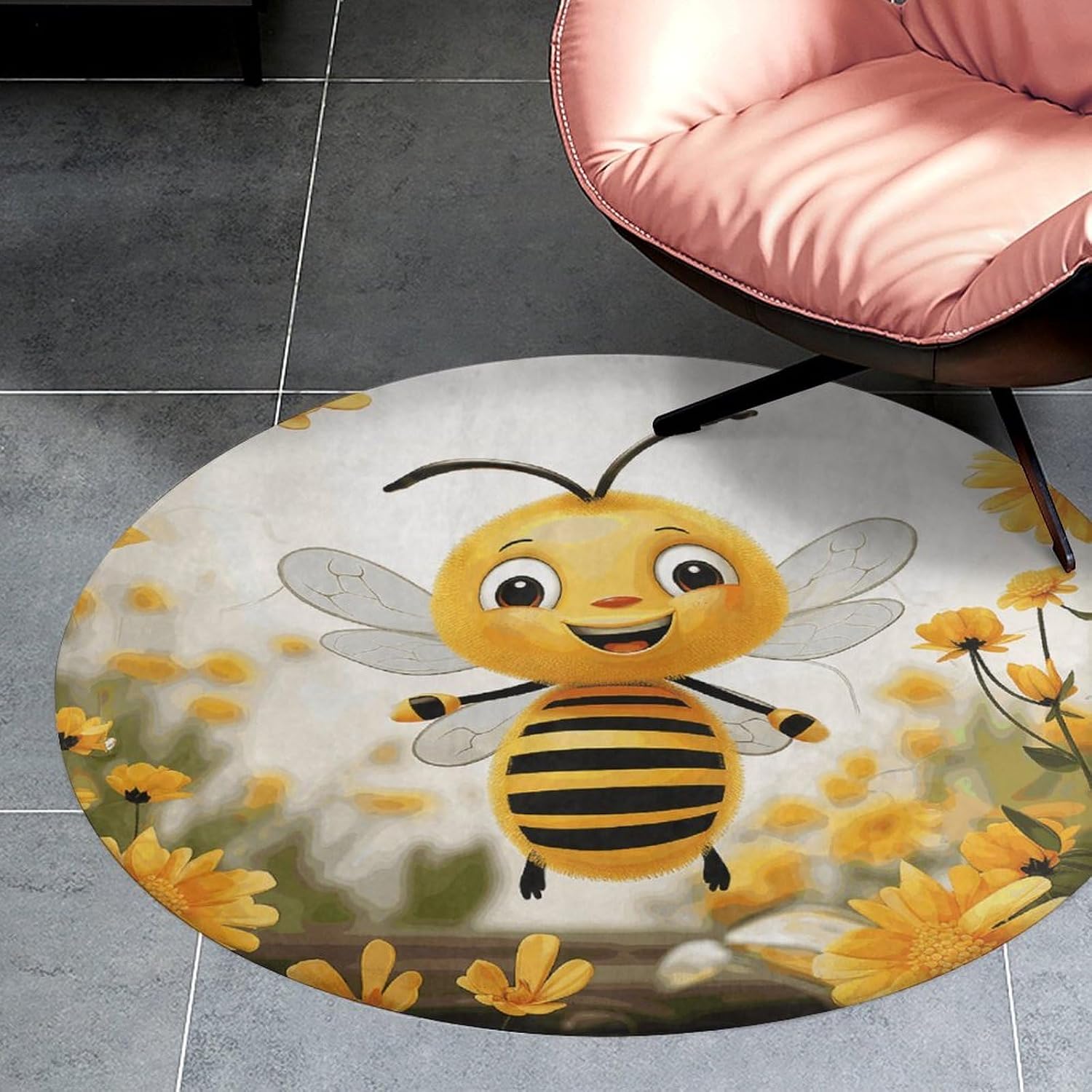 Cute Bees Daisy Flower Coral Velvet Round Floor Mat Non-Slip Bath Rug Floor Covering for Bathroom Vanity Guest Suite & Vacation Home