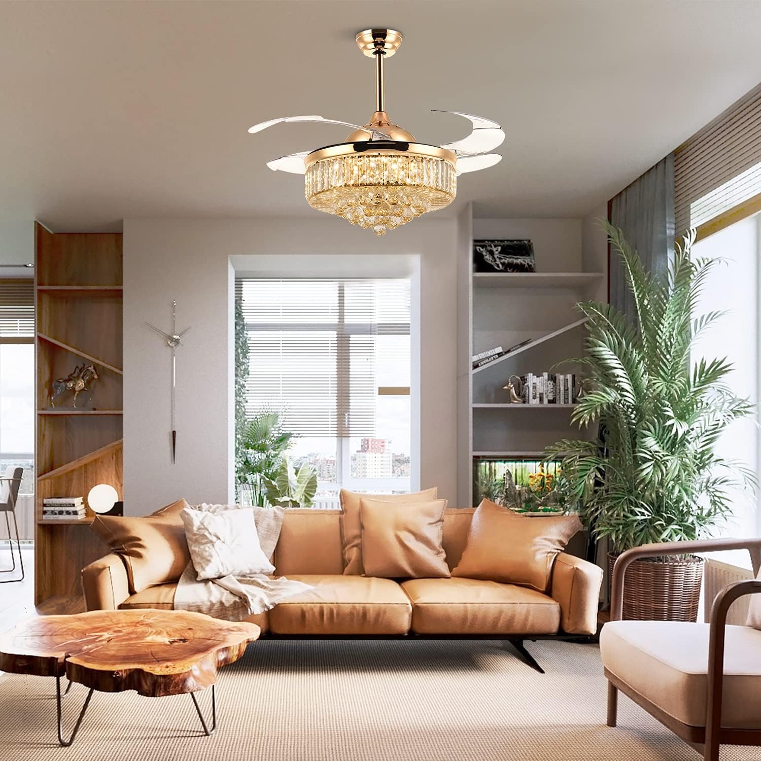 Modern Crystal Ceiling Fans with Lights and Remote Retractable Invisible Blades LED Dimmable Fandelier Gold Chandelier Ceiling Fan for Dining Room, Living Room, Bedroom 42 Inches