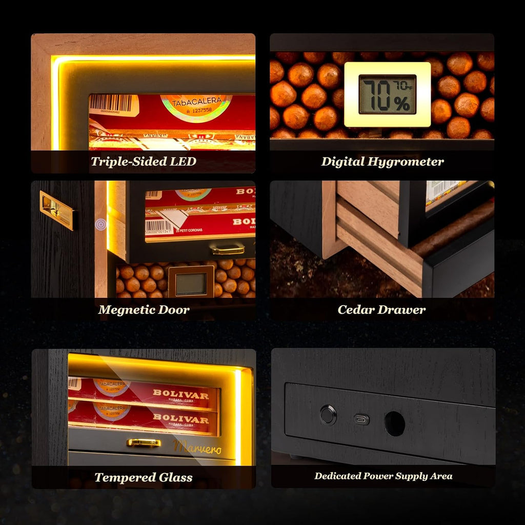 Cigar Humidor, Desktop Humidor Cabinet Triple-Sided Light with Digital Hygrometer, Humidifier and Humidity Packs. 4 Cedar Wood Drawers, Cigar Humidor Box can Hold 200 Cigars,Present for Men