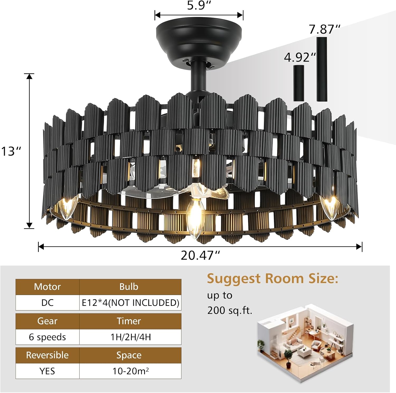 20 Inch Black Caged Ceiling Fan, Black Fandelier Ceiling Fan with Light with 6-Speed Motor, Ceiling Fans with Lights and Remote for Bedroom, Living Room, Dining Room