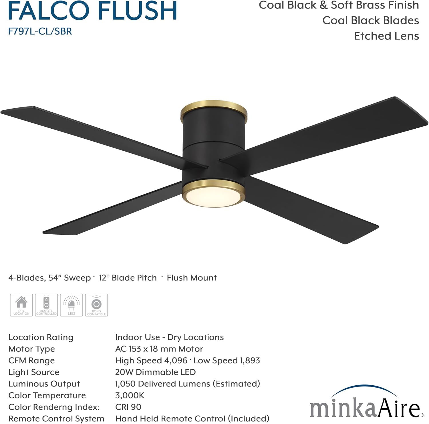 MINKA-AIRE F797L-CL/SBR Falco 54' 4-Blade LED Flush Mount Ceiling Fan - Coal and Soft Brass Finish with Etched Lens