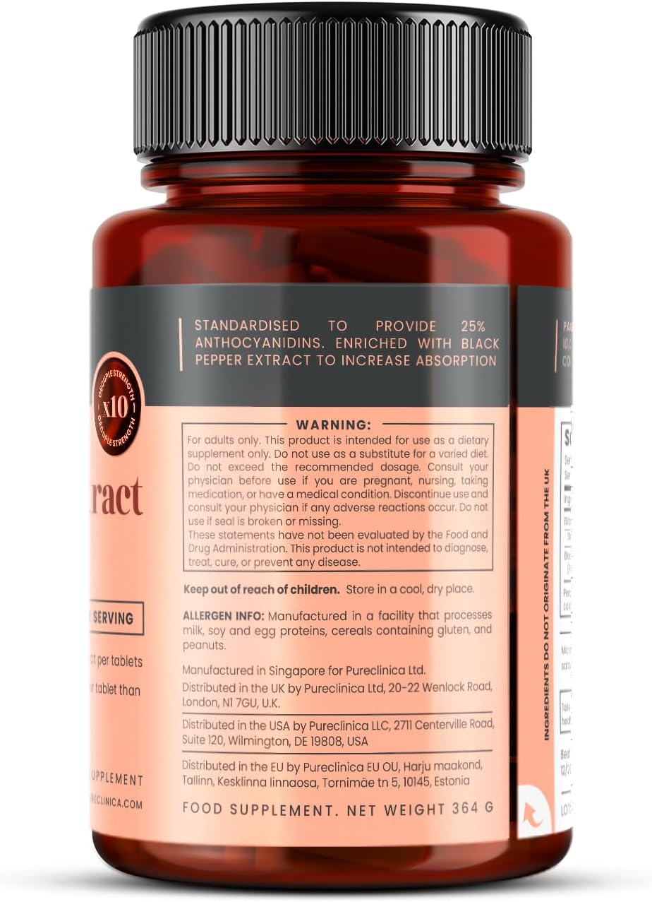 pureclinica Bilberry Extract – 1000mg (10:1) per Tablet – 1080 Tablets (6 x 180) – 36 Month Supply – High Strength