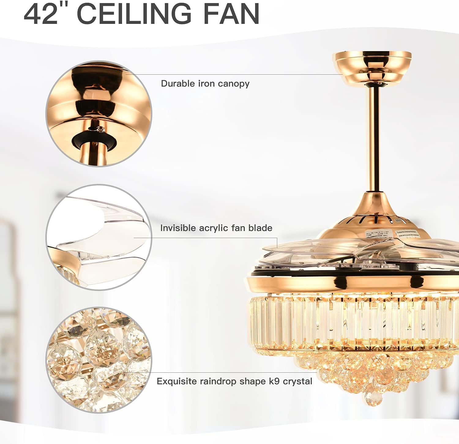 Modern Crystal Ceiling Fans with Lights and Remote Retractable Invisible Blades LED Dimmable Fandelier Gold Chandelier Ceiling Fan for Dining Room, Living Room, Bedroom 42 Inches