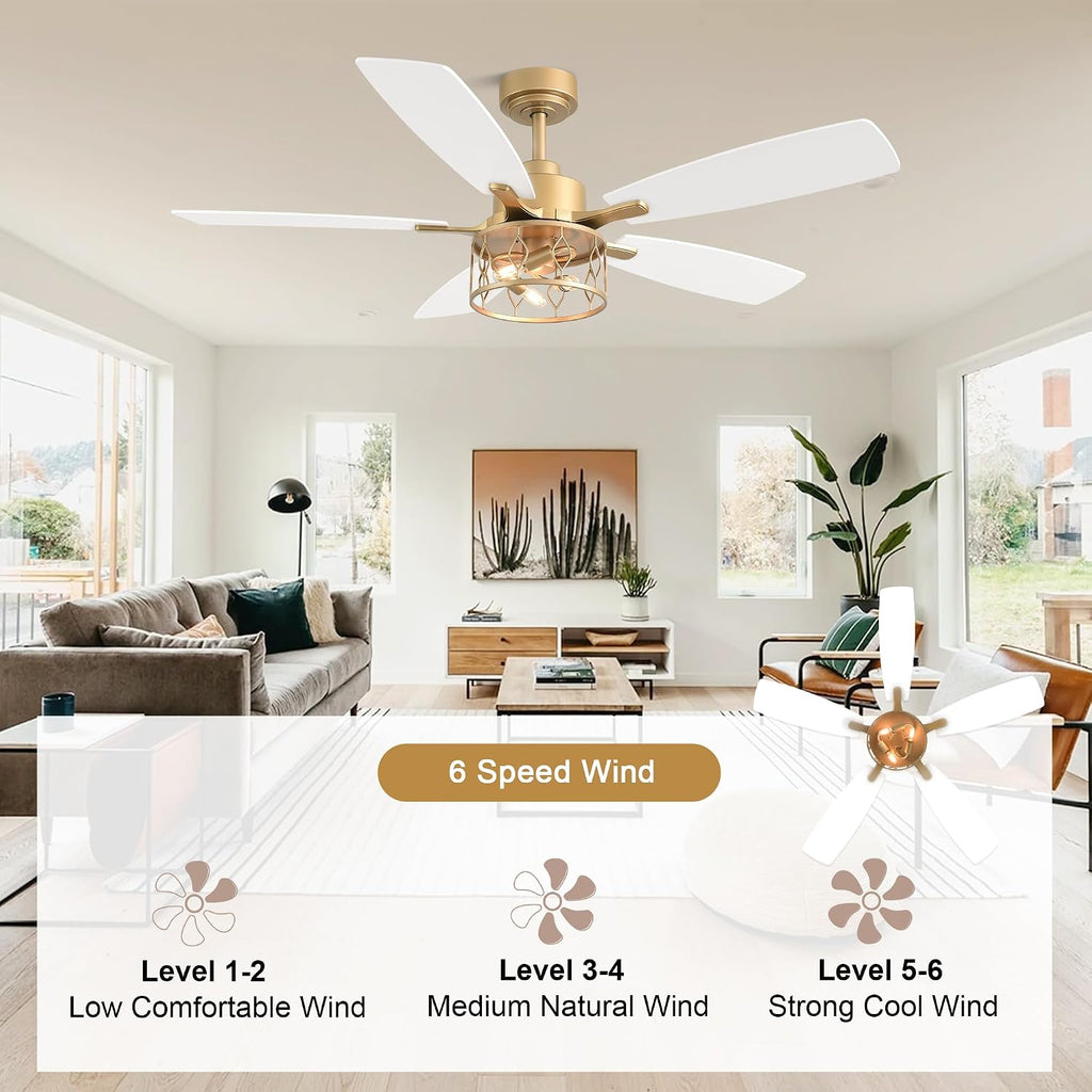 52 Inch White and Gold Ceiling Fan with Lights Modern Fandelier Ceiling Fan Industrial Caged Fandelier Farmhouse Rustic Chandelier Light for Living Room Indoor Outdoor, Reversible 6 Speeds