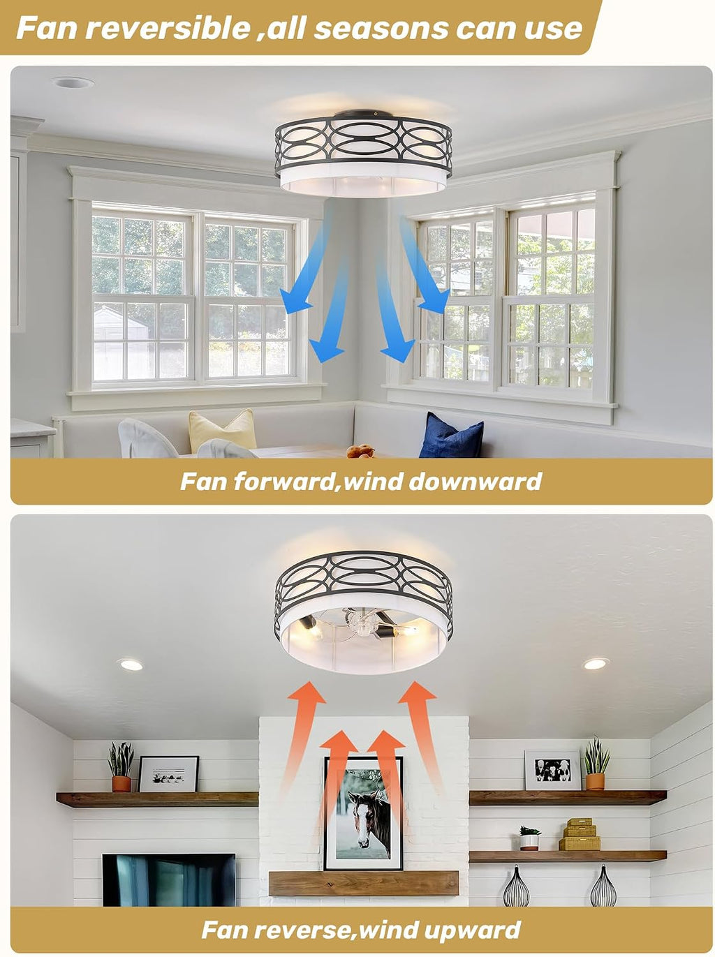20' Black Flush Mount Ceiling Fan with Light, Caged Boho Ceiling Fan with Lights Remote Control with 6 Speeds for Bedroom, Living Room, Nursery