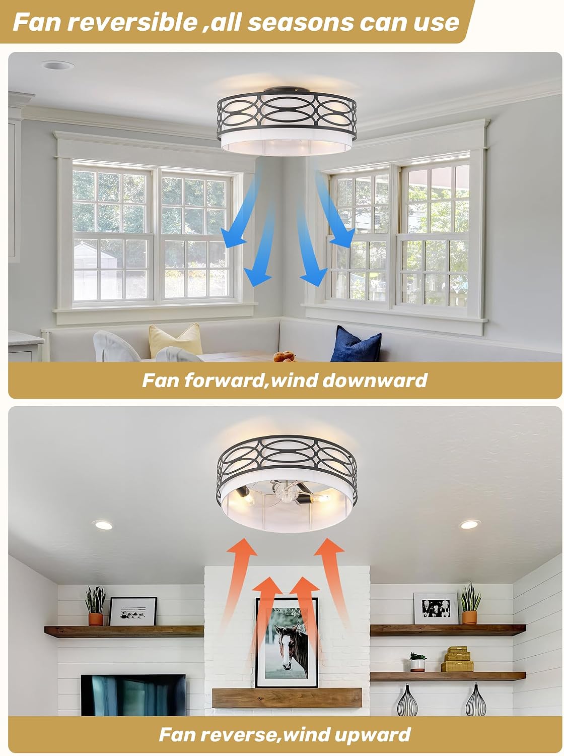 20' Black Flush Mount Ceiling Fan with Light, Caged Boho Ceiling Fan with Lights Remote Control with 6 Speeds for Bedroom, Living Room, Nursery