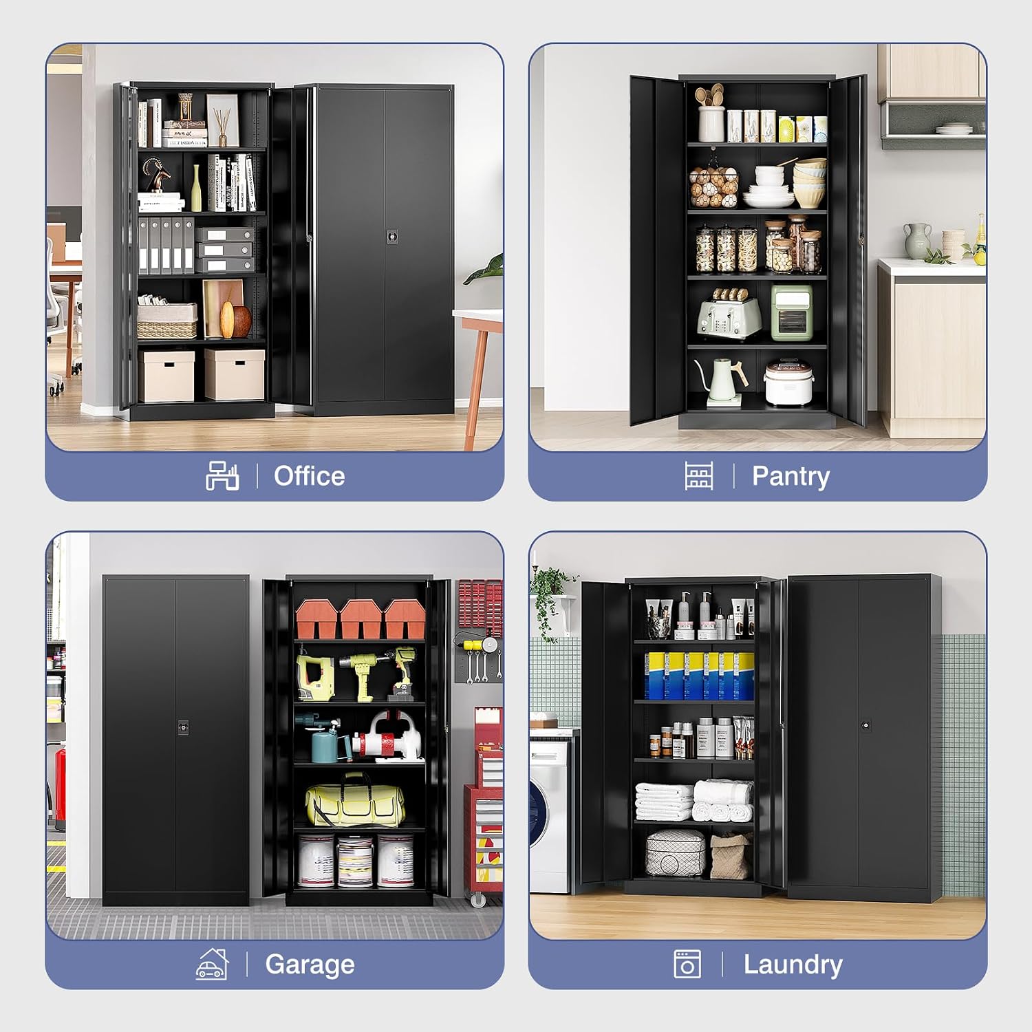 Metal Storage Cabinet with Locking Doors, Tall Cabinets for Home, Office, Warehouse Organizer (Black)