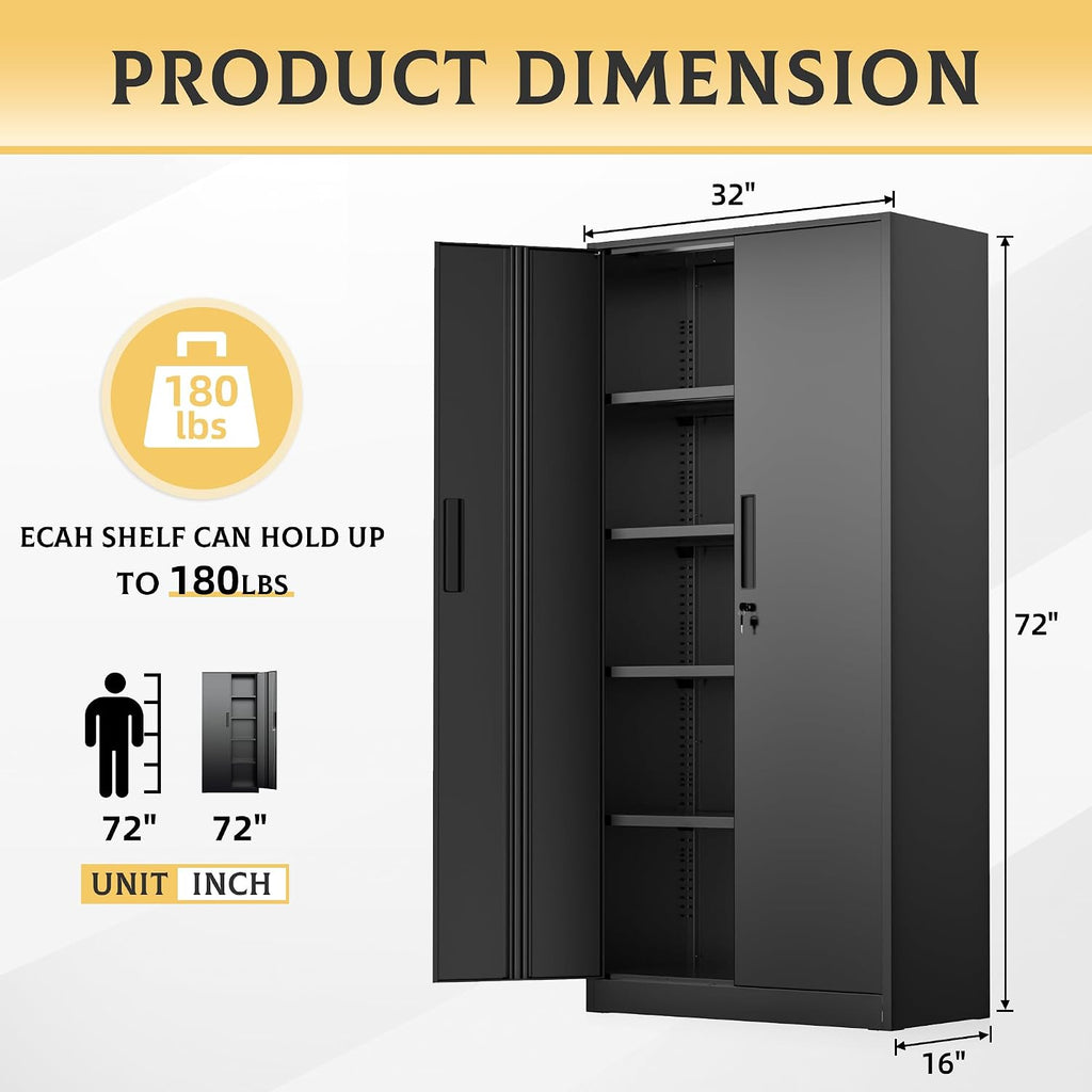 SUNCROWN Metal Storage Cabinets with Lock, Tool Cabinet, 72' Locking Steel Storage, Tall Locker Organizer Garage Cabinets with 2 Doors and 4 Shelves for Home,Office,Warehouse,Garage,School(Black)