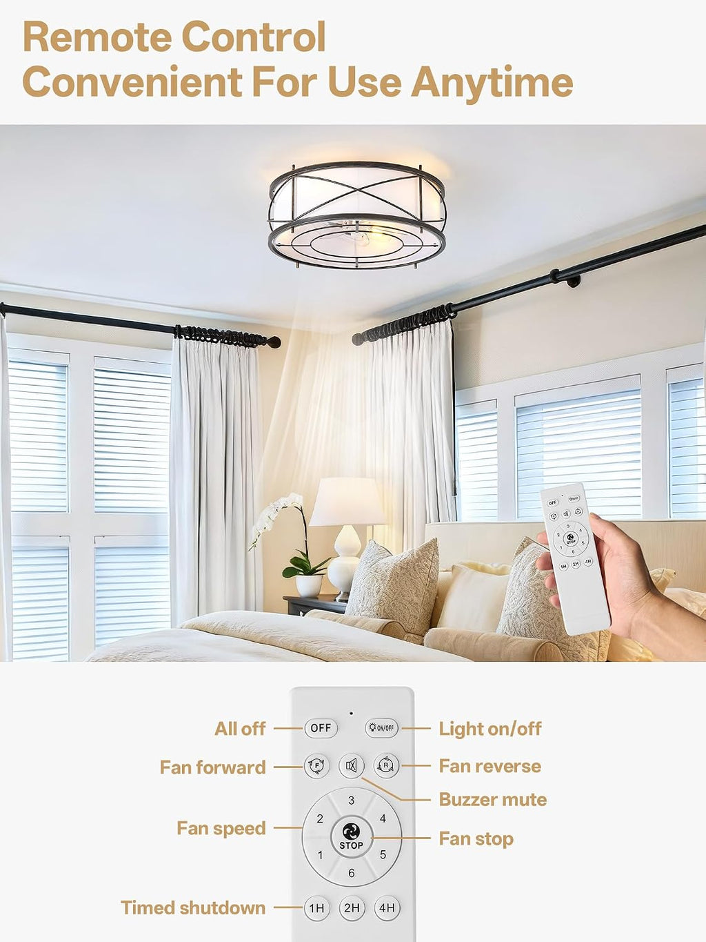 Black Flush Mount Farmhouse Ceiling Fan with Lights, 20' Caged Rustic Ceiling Fans with Light and Remote, Enclosed with 6 Speeds for Living Room, Bedroom, Nursery