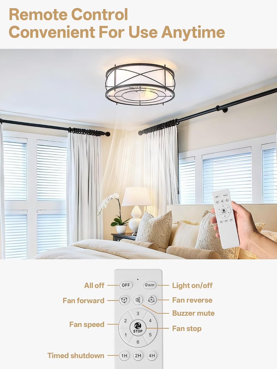 Black Flush Mount Farmhouse Ceiling Fan with Lights, 20' Caged Rustic Ceiling Fans with Light and Remote, Enclosed with 6 Speeds for Living Room, Bedroom, Nursery