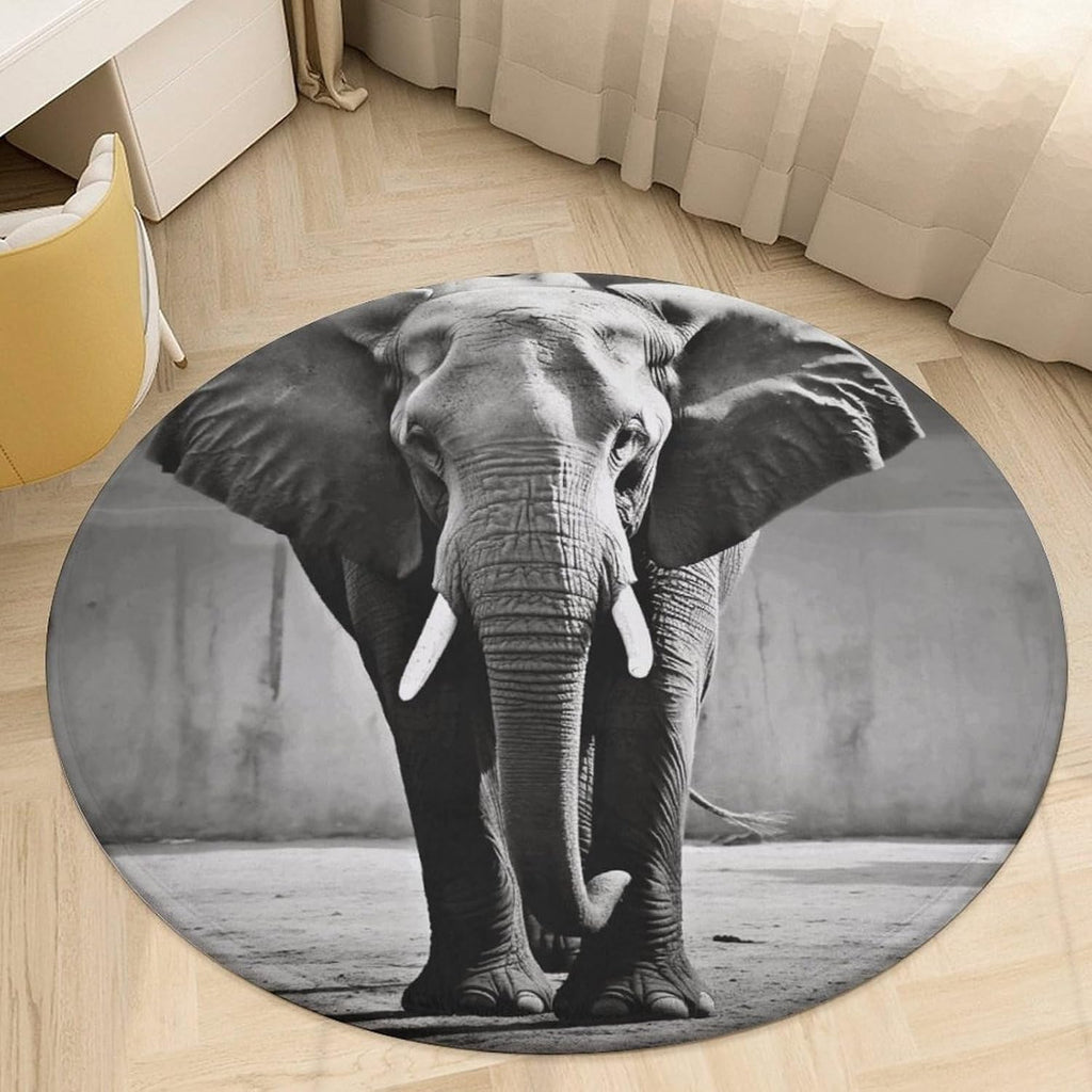 Black and White Elephant Coral Velvet Round Floor Mat Non-Slip Bath Rug Floor Covering for Bathroom Vanity Guest Suite & Vacation Home