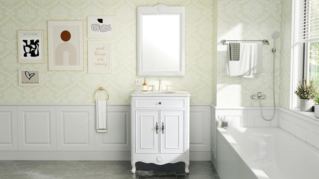 26' Daleville Antique White Bathroom Sink Vanity & Mirror Set 838AW-MIR