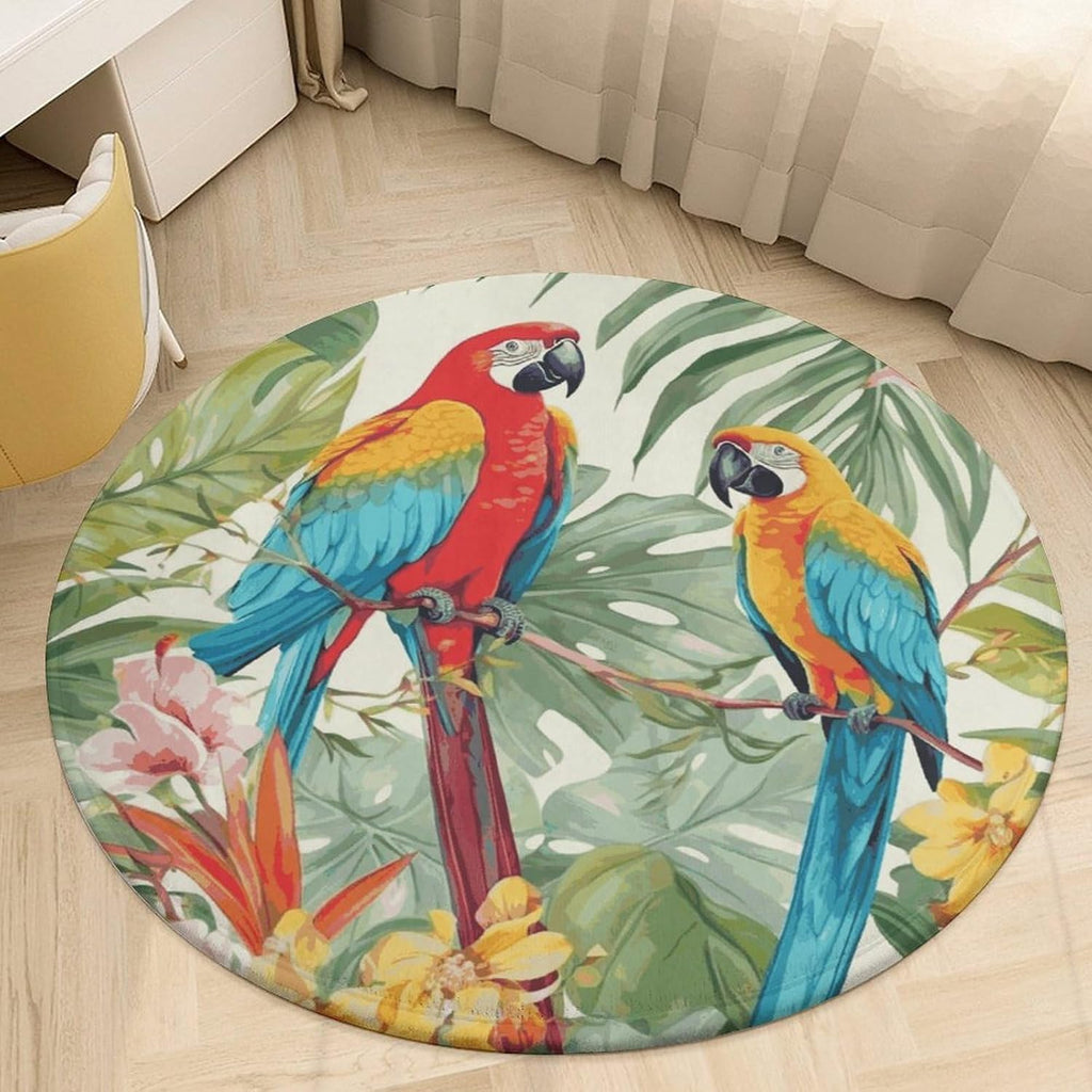 Tropical Plants and Parrots Coral Velvet Round Floor Mat Non-Slip Bath Rug Floor Covering for Bathroom Vanity Guest Suite & Vacation Home