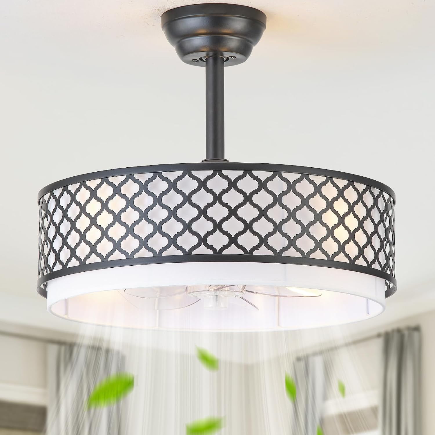 20' Black Fandelier Ceiling Fan with Lights, Rustic Farmhouse Caged Ceiling Fan with Light Remote Control, Rattan with 6 Speeds for Bedroom, Nursery, Living Room