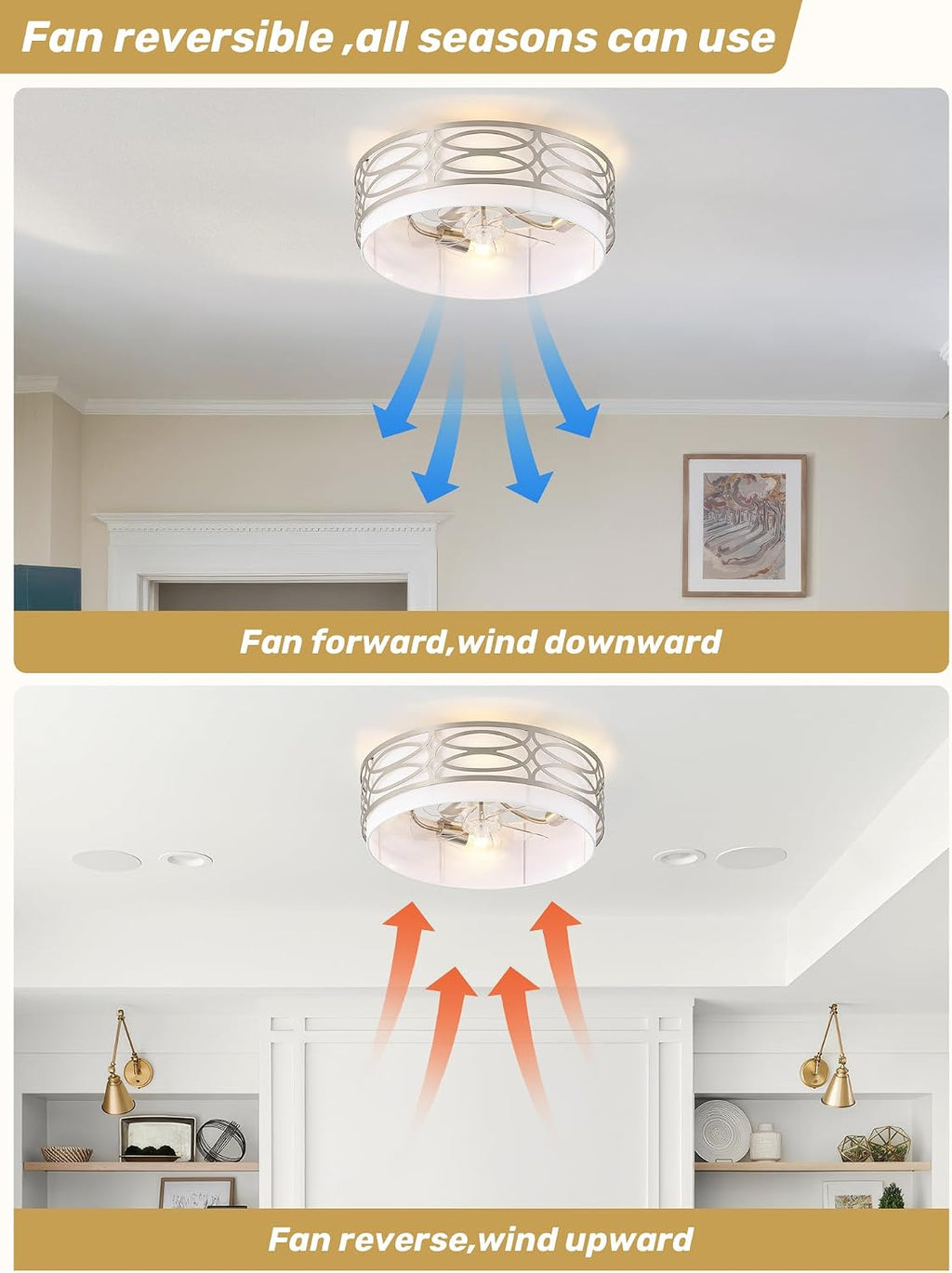 20' Silver Flush Mount Ceiling Fan with Light, Caged Boho Ceiling Fan with Lights Remote Control with 6 Speeds for Bedroom, Living Room, Nursery