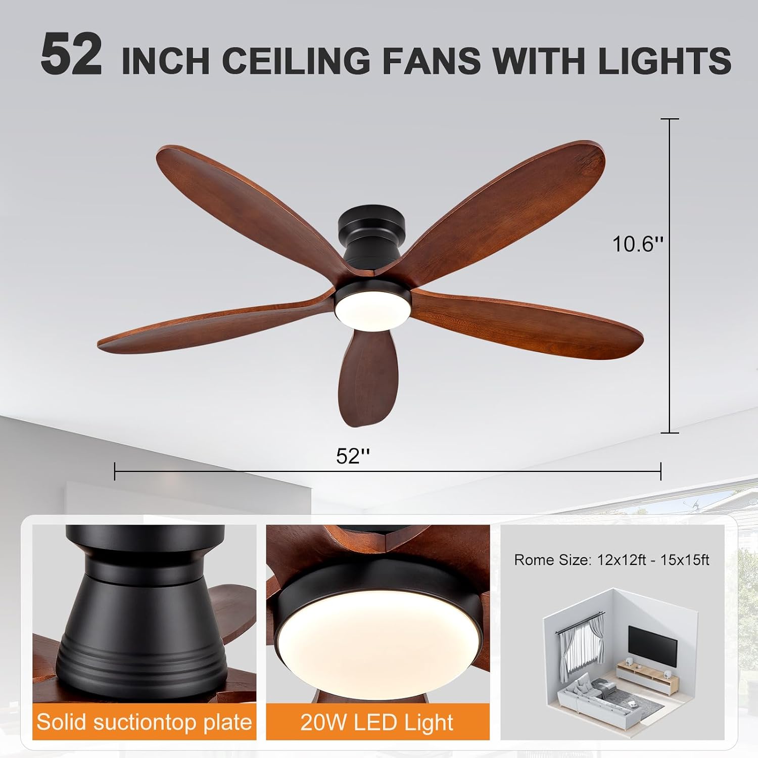 Ceiling Fans with Lights, 52 Inch Low Profile Ceiling Fan with Light and Remote Control, Flush Mount, Reversible, 3CCT, Dimmable, Quiet, Black Small Ceiling Fan for Bedroom Indoor/Outdoor Use
