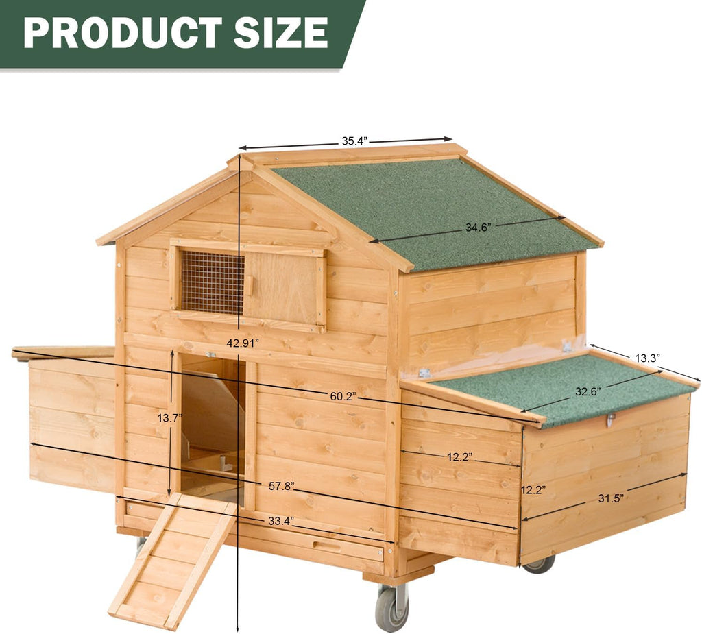 Mobile Chicken Coop with Wheels, Large Hen House with Nesting Boxes,Portable Chicken House for 4-6 Chicken,Wooden Poultry Cage,Waterproof Rabbit Cage,Duck Coop