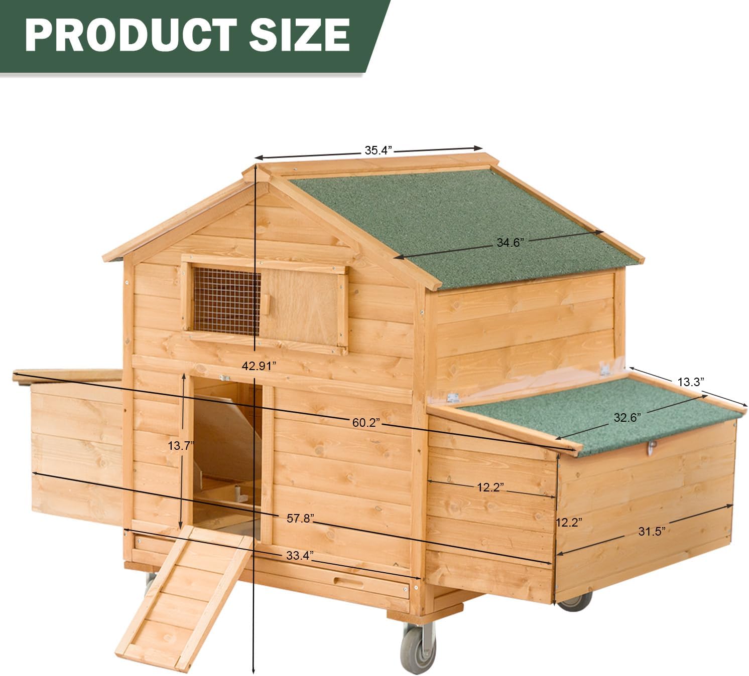 Mobile Chicken Coop with Wheels, Large Hen House with Nesting Boxes,Portable Chicken House for 4-6 Chicken,Wooden Poultry Cage,Waterproof Rabbit Cage,Duck Coop