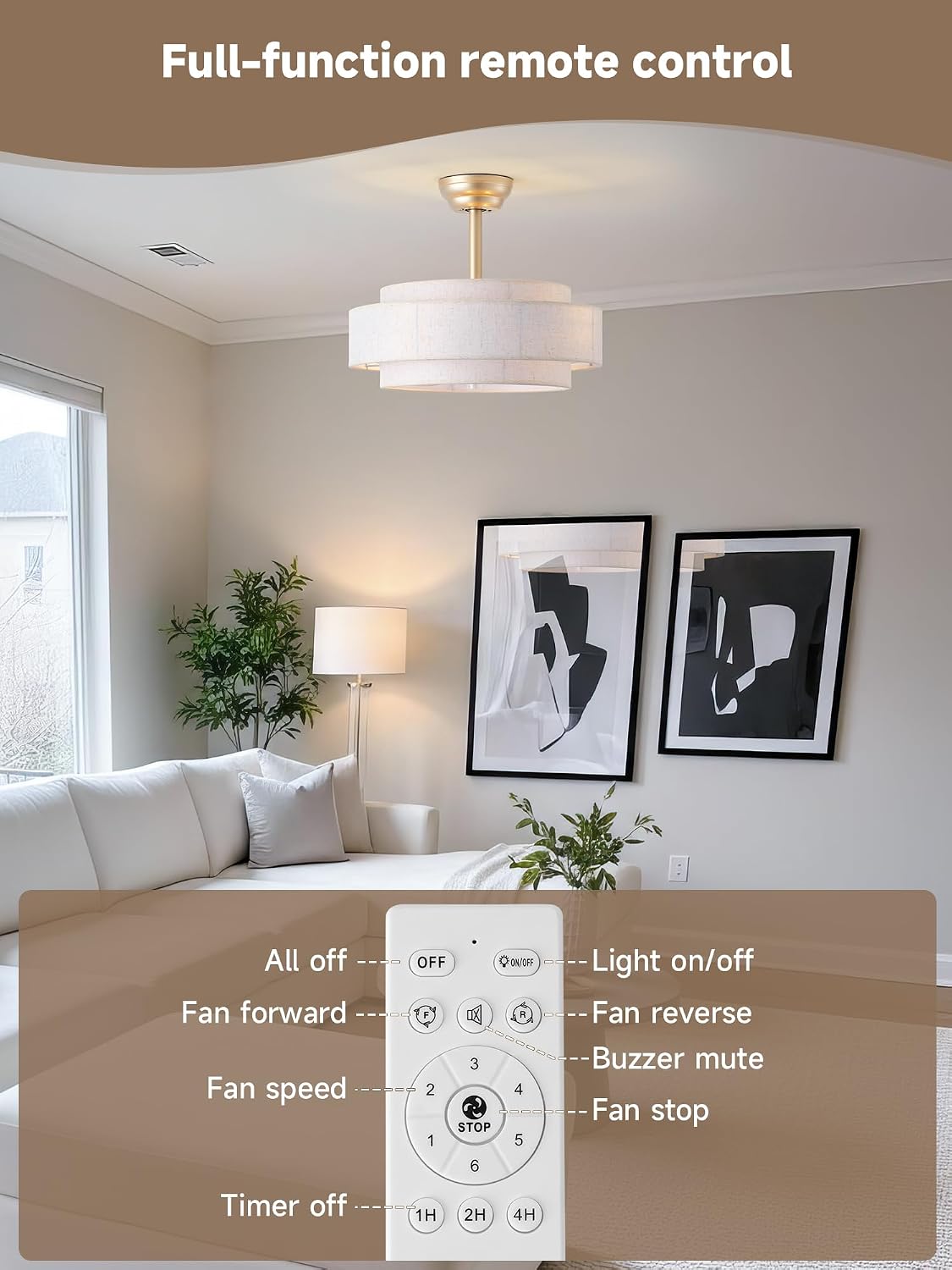 20'' Boho Fandelier Ceiling Fan with Light, Gold Fabric Chandelier with Light Remote Control, Caged with 6 Speeds for Bedroom, Nursery, Living Room