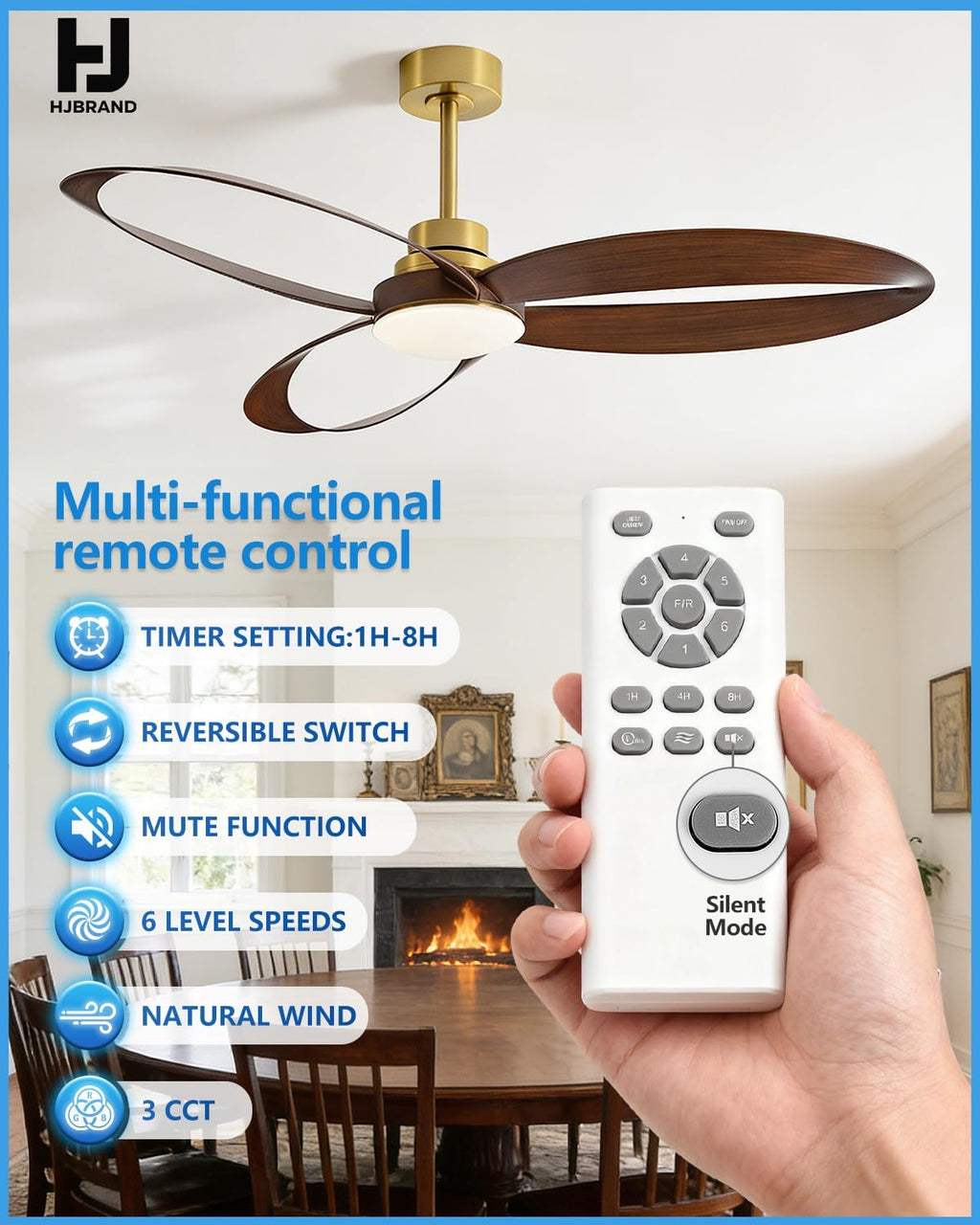 52'Ceiling Fan Indoor Ceiling Fans with Lights and Remote,New Round 3 Blades With 24W 2400LM High Bright LED Light , 3-Color Light 6-Speed Timing Reversible DC Motor for Bedroom Living Room Patio