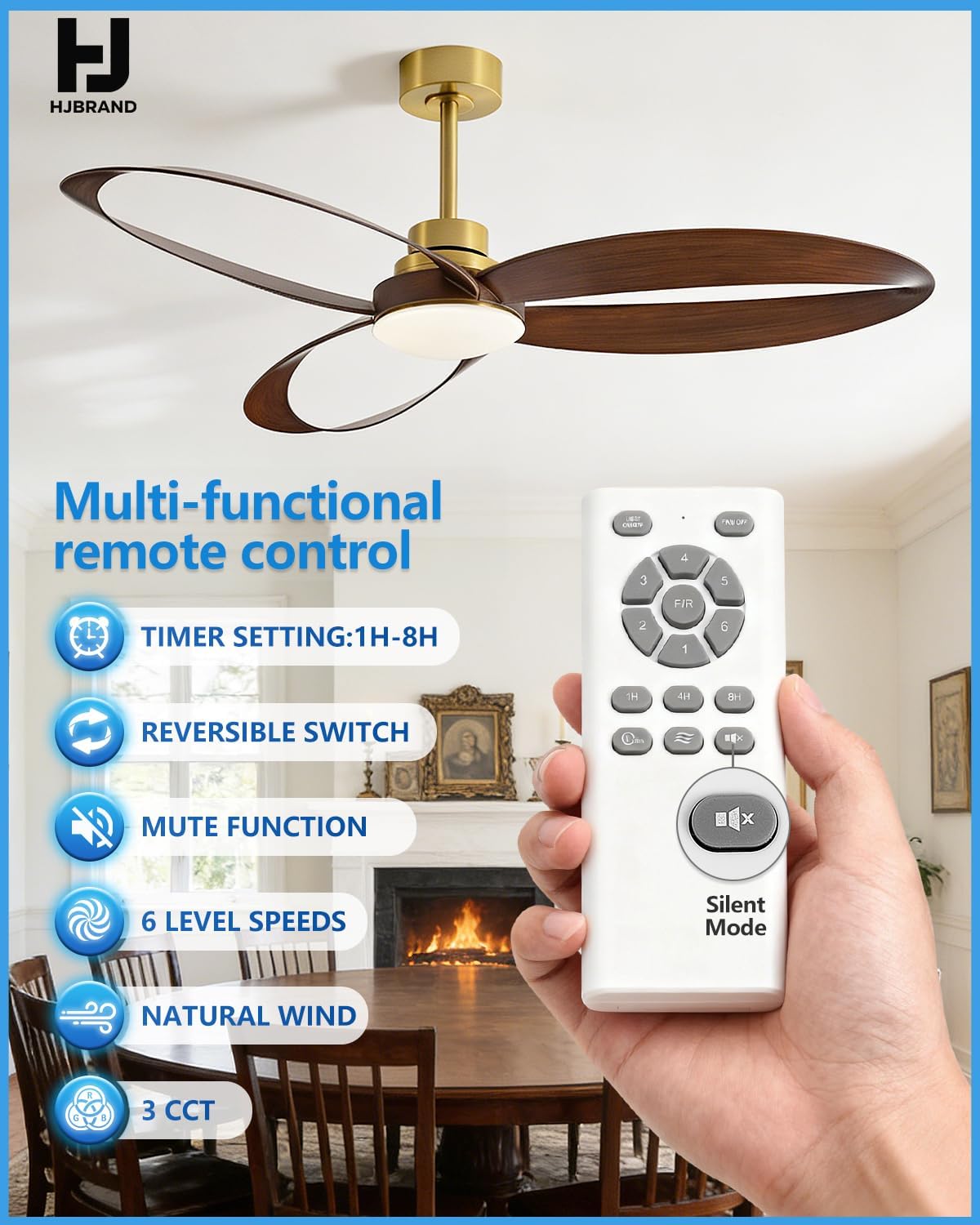 52'Ceiling Fan Indoor Ceiling Fans with Lights and Remote,New Round 3 Blades With 24W 2400LM High Bright LED Light , 3-Color Light 6-Speed Timing Reversible DC Motor for Bedroom Living Room Patio