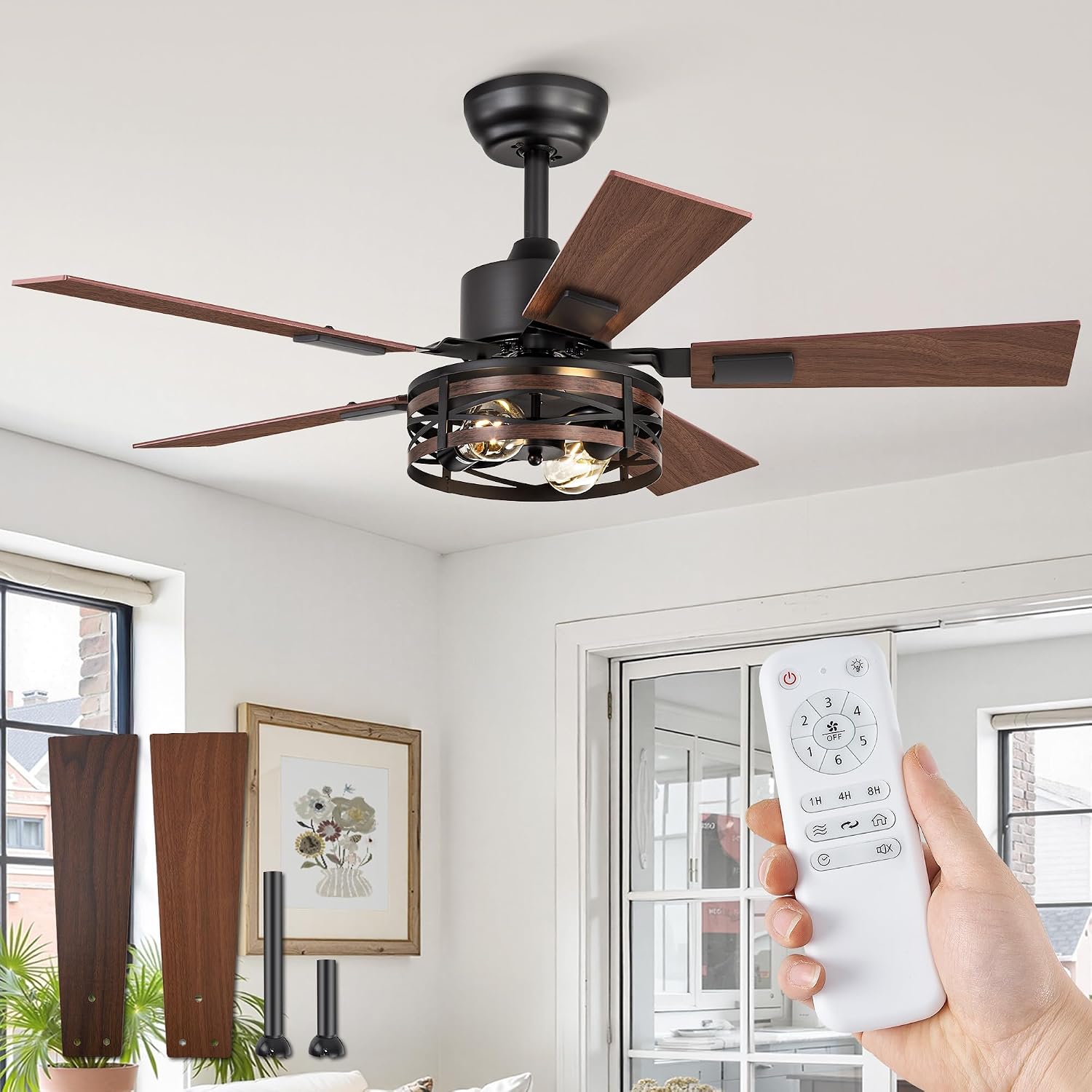 Fanbulous Farmhouse Ceiling Fans with Light, 42 Inch Bedroom Ceiling Fan with Lights, 6-Speed Adjustable, Quiet and Reversible DC Motor, Dual Finish 5 Blades, Rustic Caged Ceiling Fan for Living Room