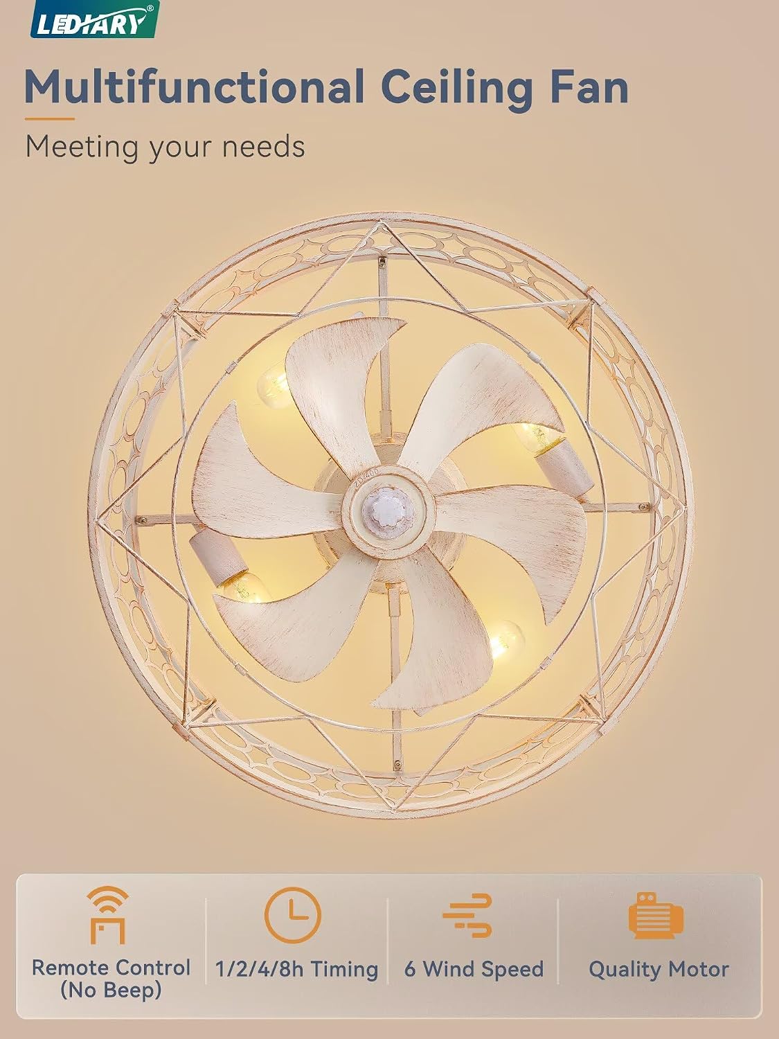 LEDIARY Caged Flush Mount Ceiling Fans with Lights, 23 Inch Farmhouse Low Profile Ceiling Fan with Remote, Small Bladeless Fan Lights Ceiling Fixtures for Bedroom, Kitchen- White and Gold