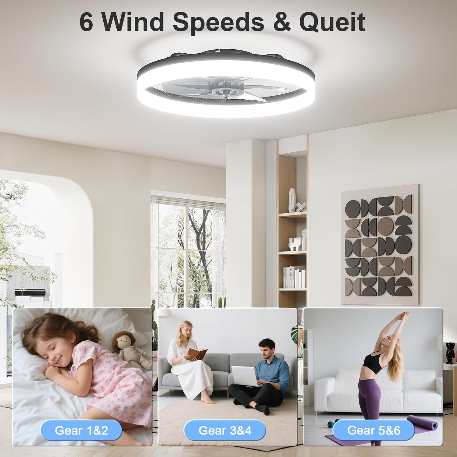 VOLISUN Low Profile Ceiling Fans with Lights and Remote, 23.6in Fandelier Ceiling Fan with Light, 3000K-6500K Dimmable Bladeless LED Fan Light, Black Flush Mount Ceiling Fans with Lights for Bedroom