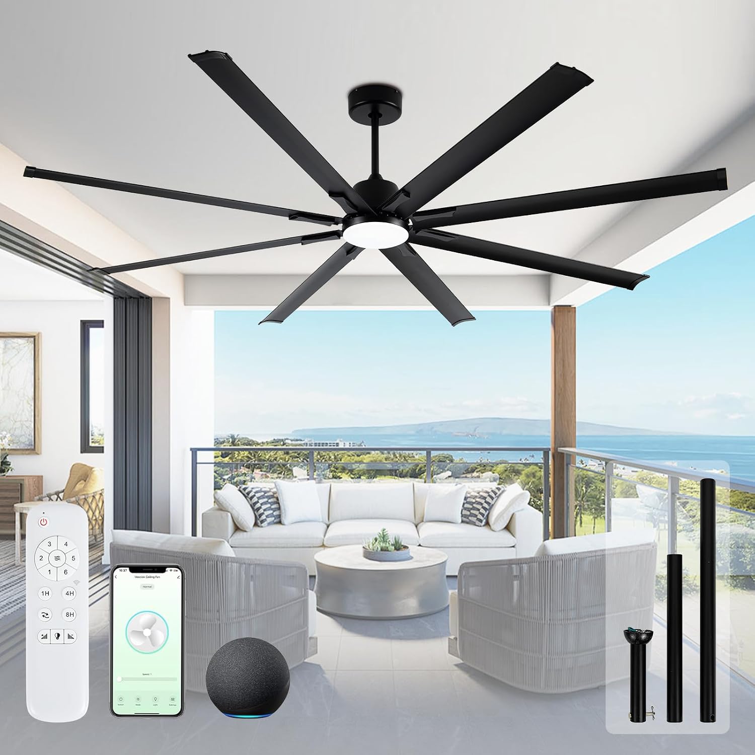 84 Inch Industrial Ceiling Fans with Light,Large Ceiling Fan with Modern 8 Aluminum Blades,Compatible with Alexa,Noiseless DC Motor,Black Outdoor Fan for Garage or Pool area